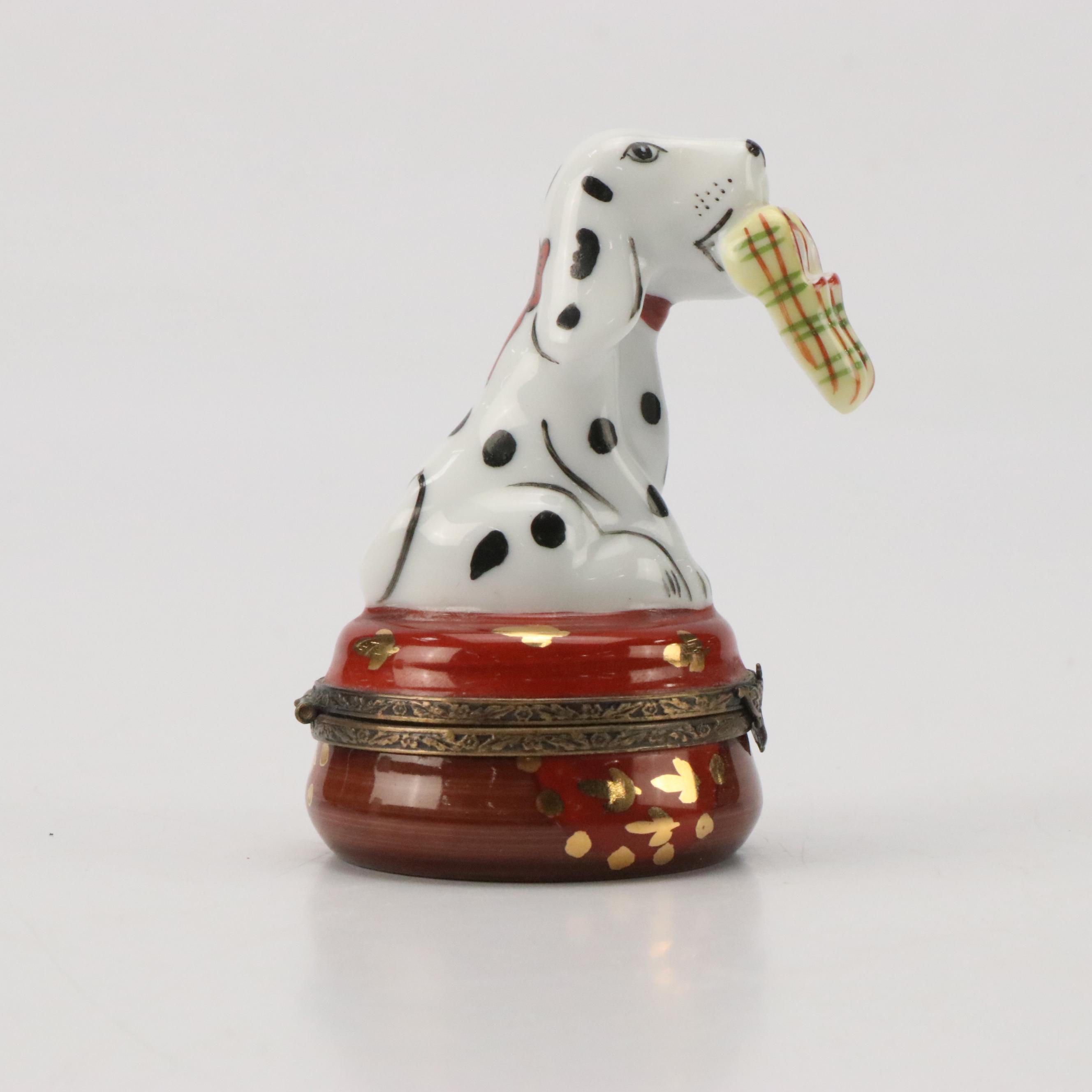 Limoges Dalmatian Holding Slippers Porcelain Box