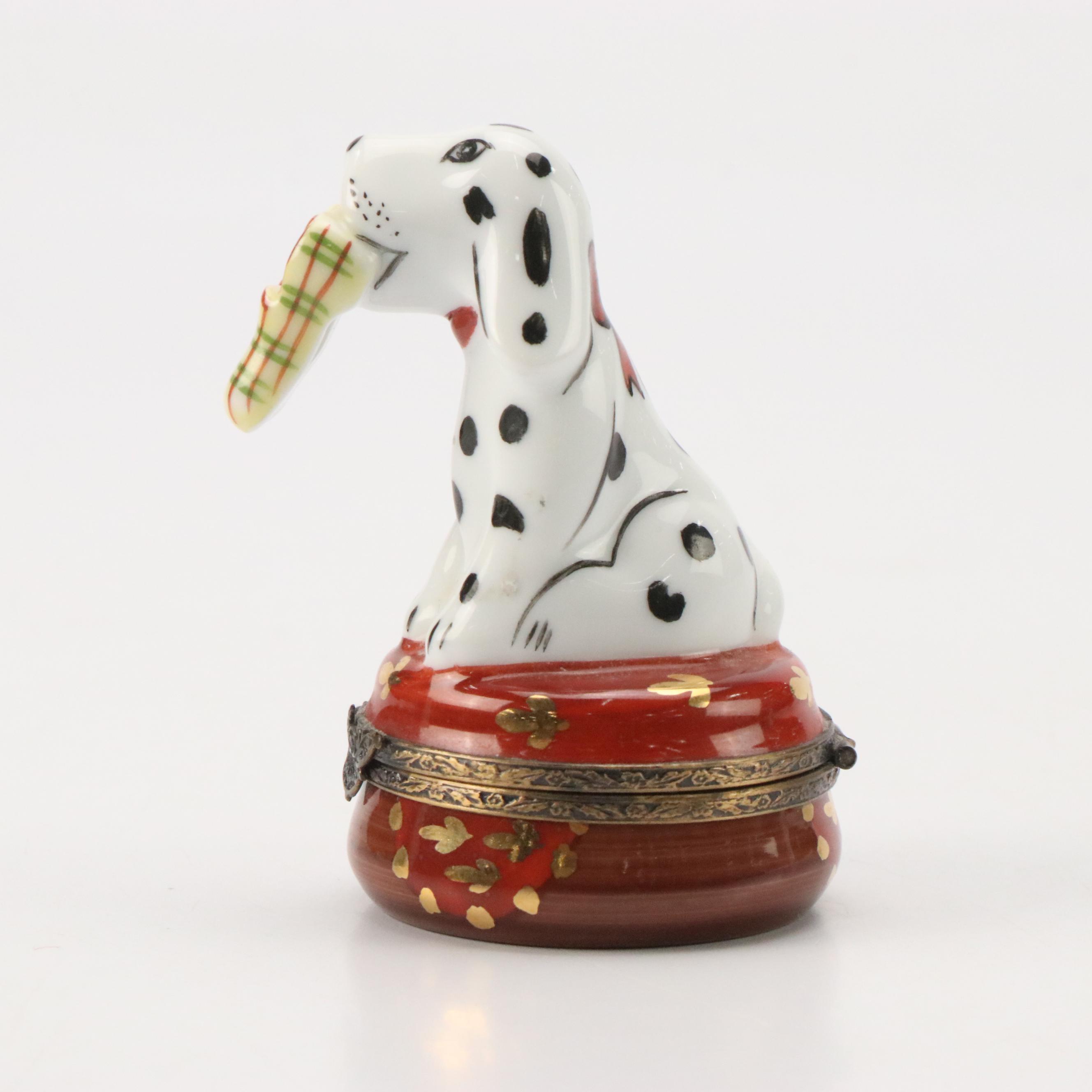 Limoges Dalmatian Holding Slippers Porcelain Box