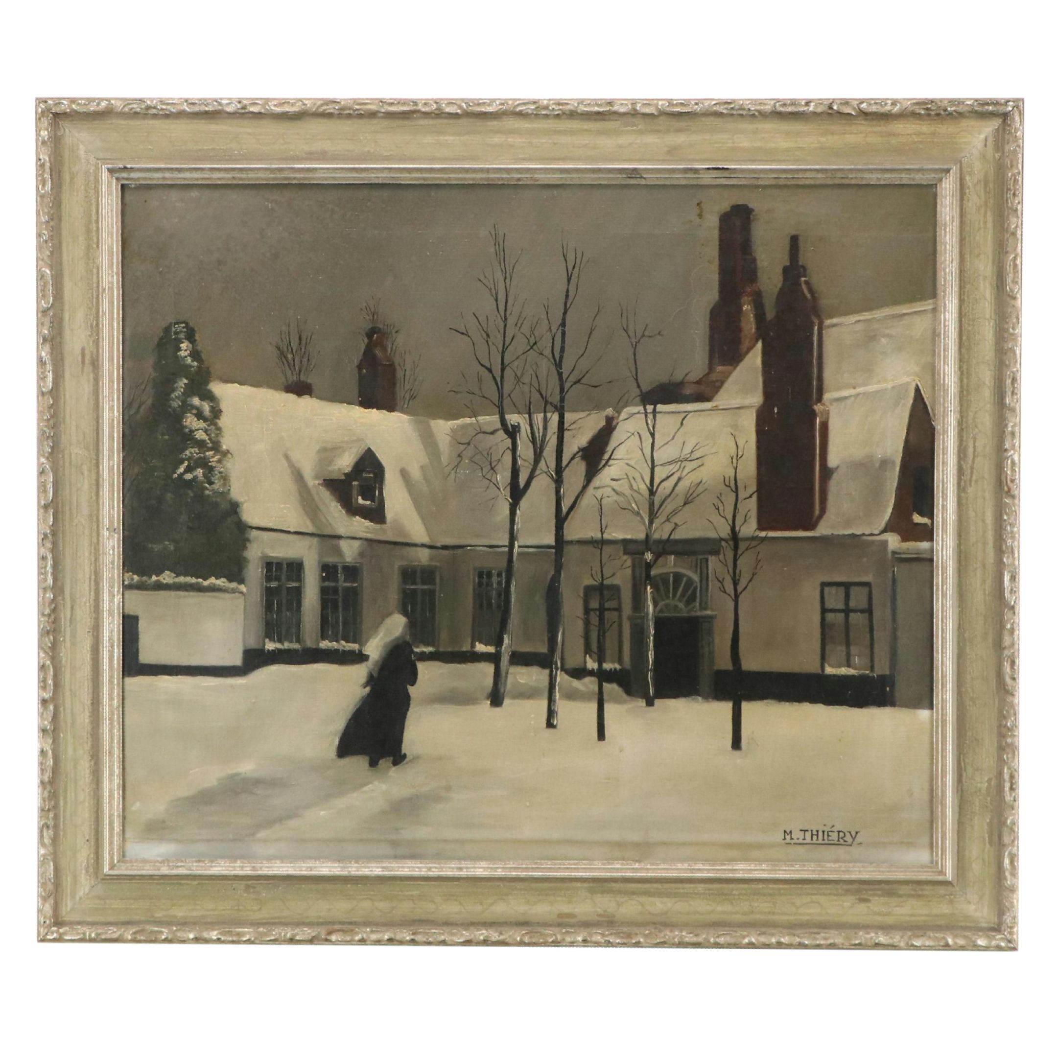 M. Thiéry Oil Painting of a Snowy Church Scene with Nun