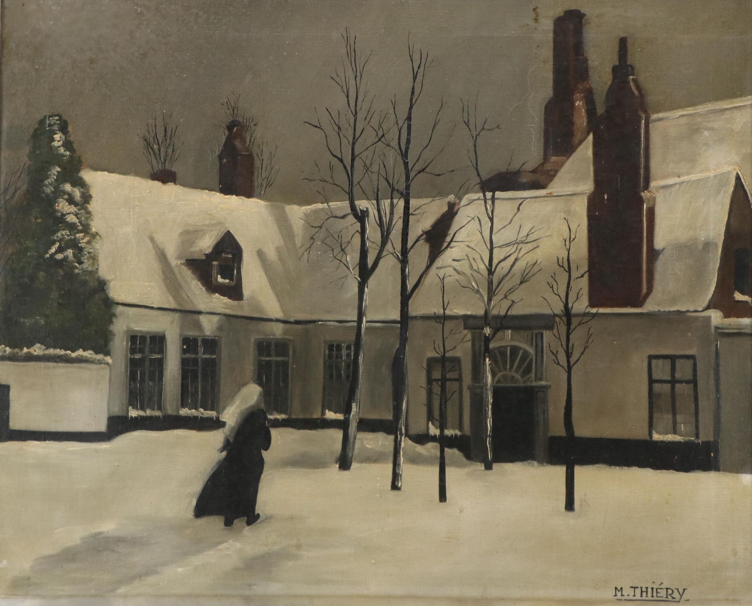 M. Thiéry Oil Painting of a Snowy Church Scene with Nun