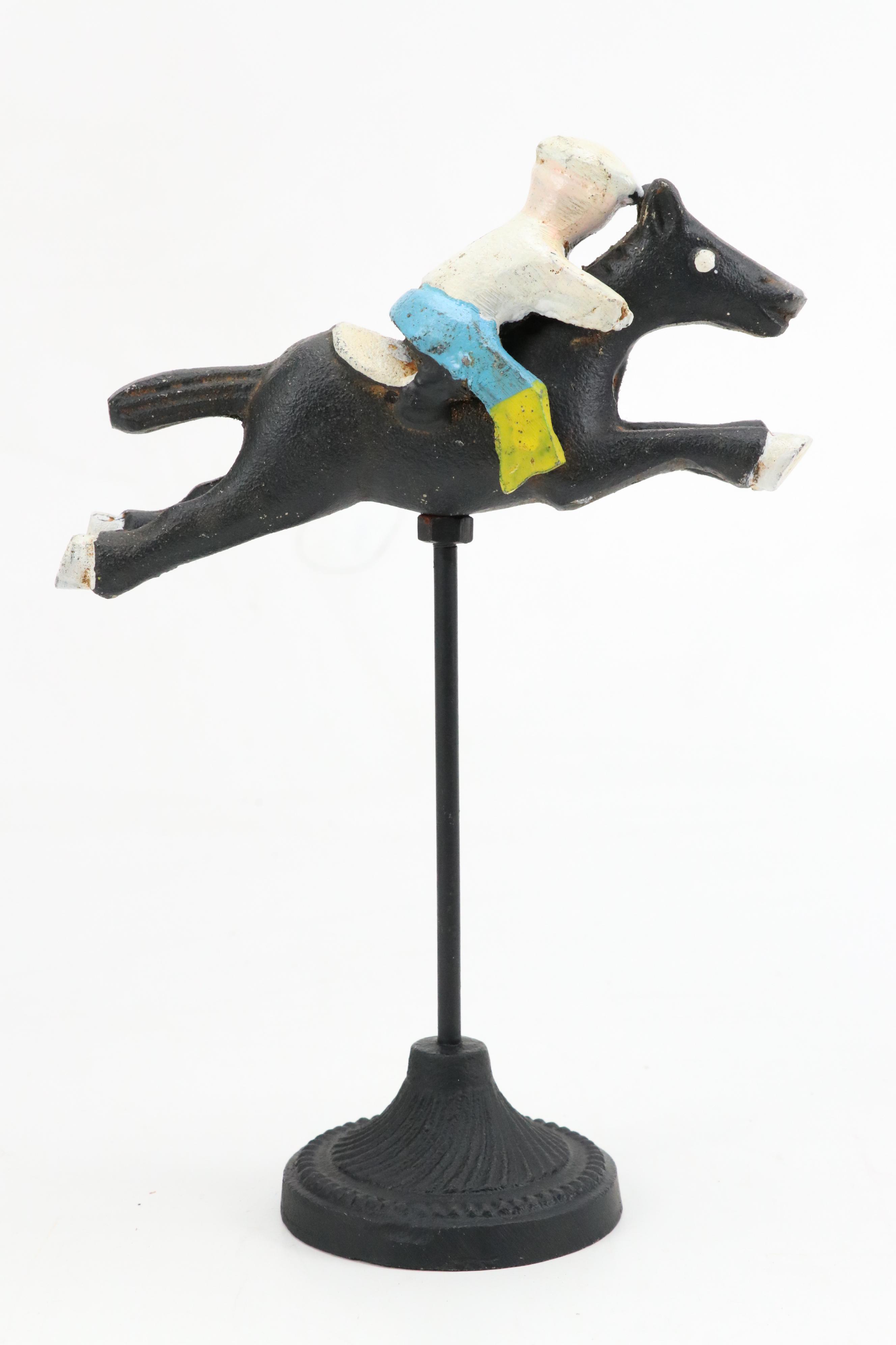 Folk Art Style Cast Iron Horse and Jockey Figurine Set