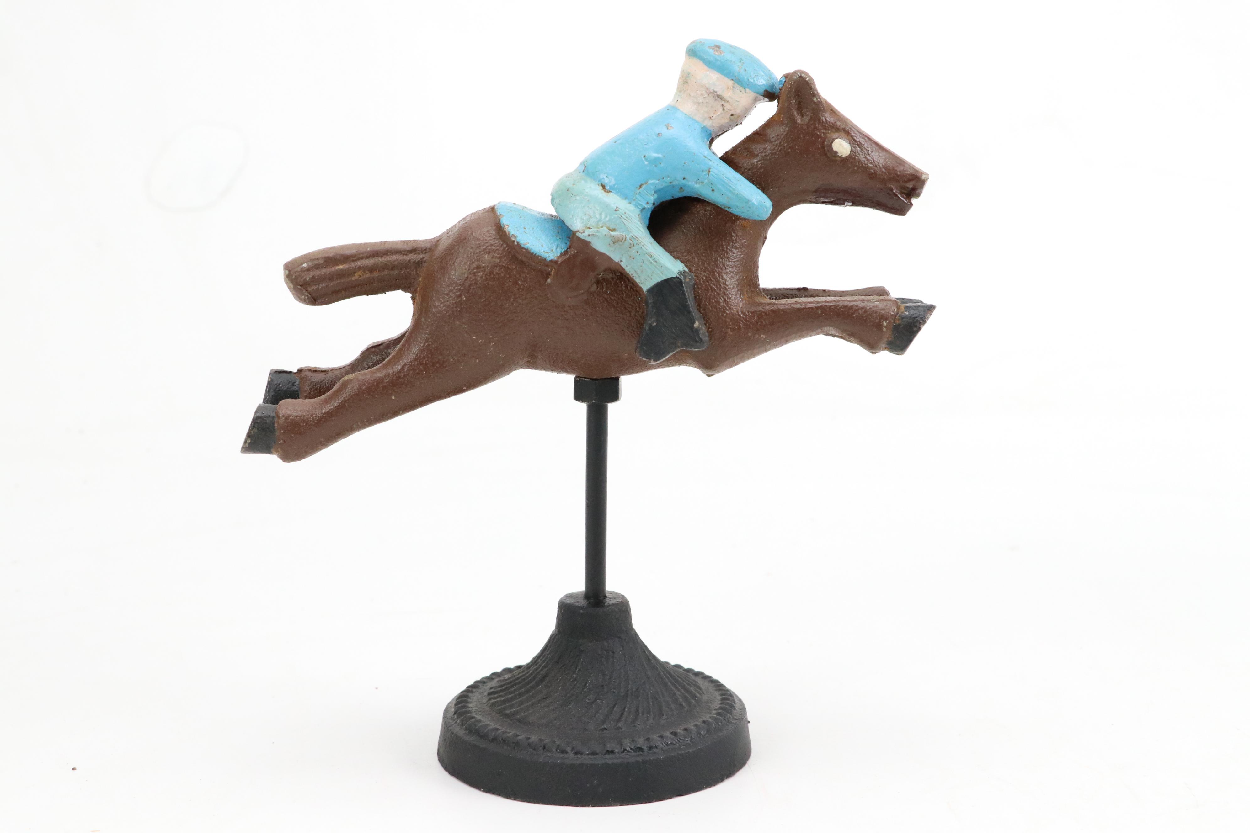 Folk Art Style Cast Iron Horse and Jockey Figurine Set