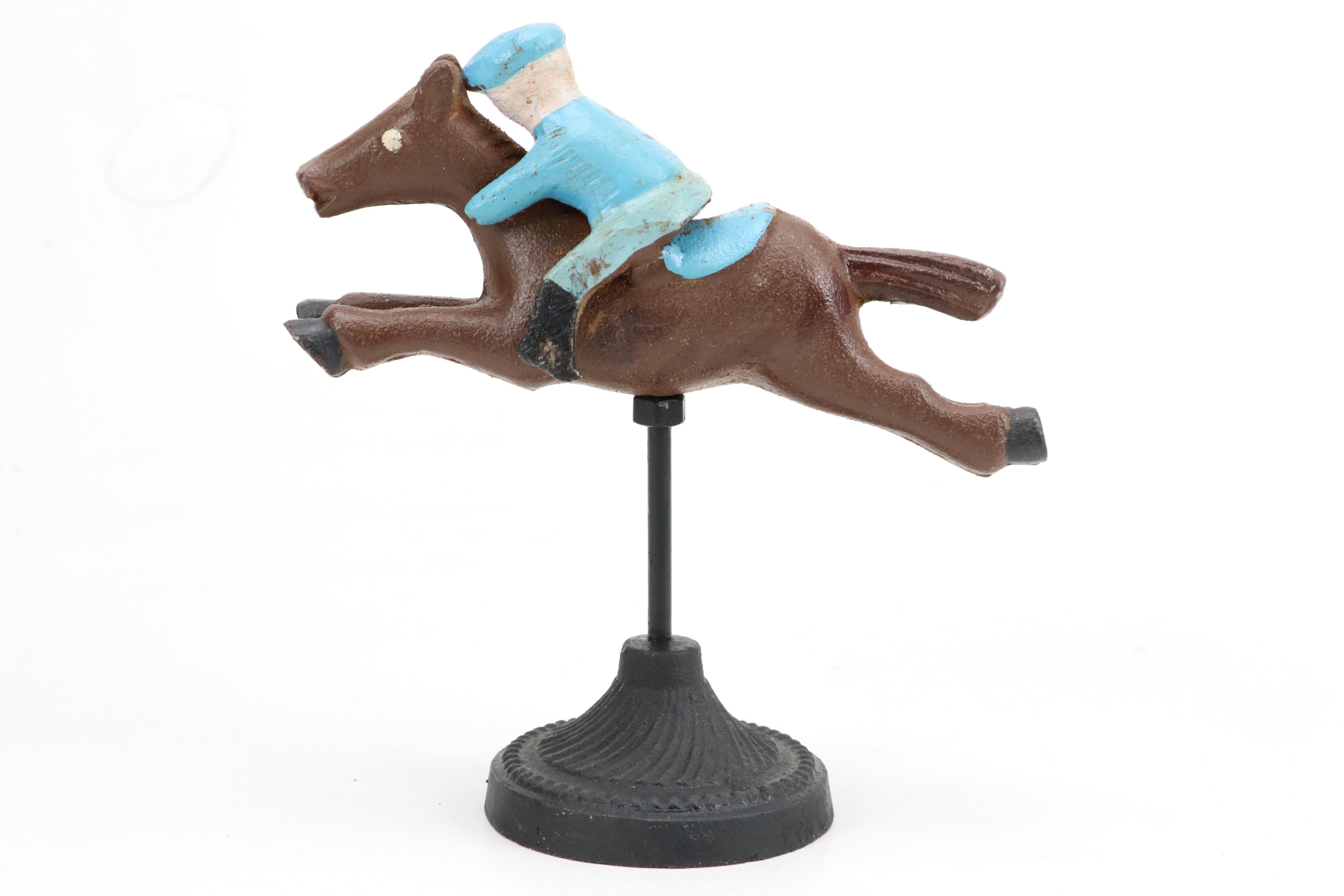Folk Art Style Cast Iron Horse and Jockey Figurine Set