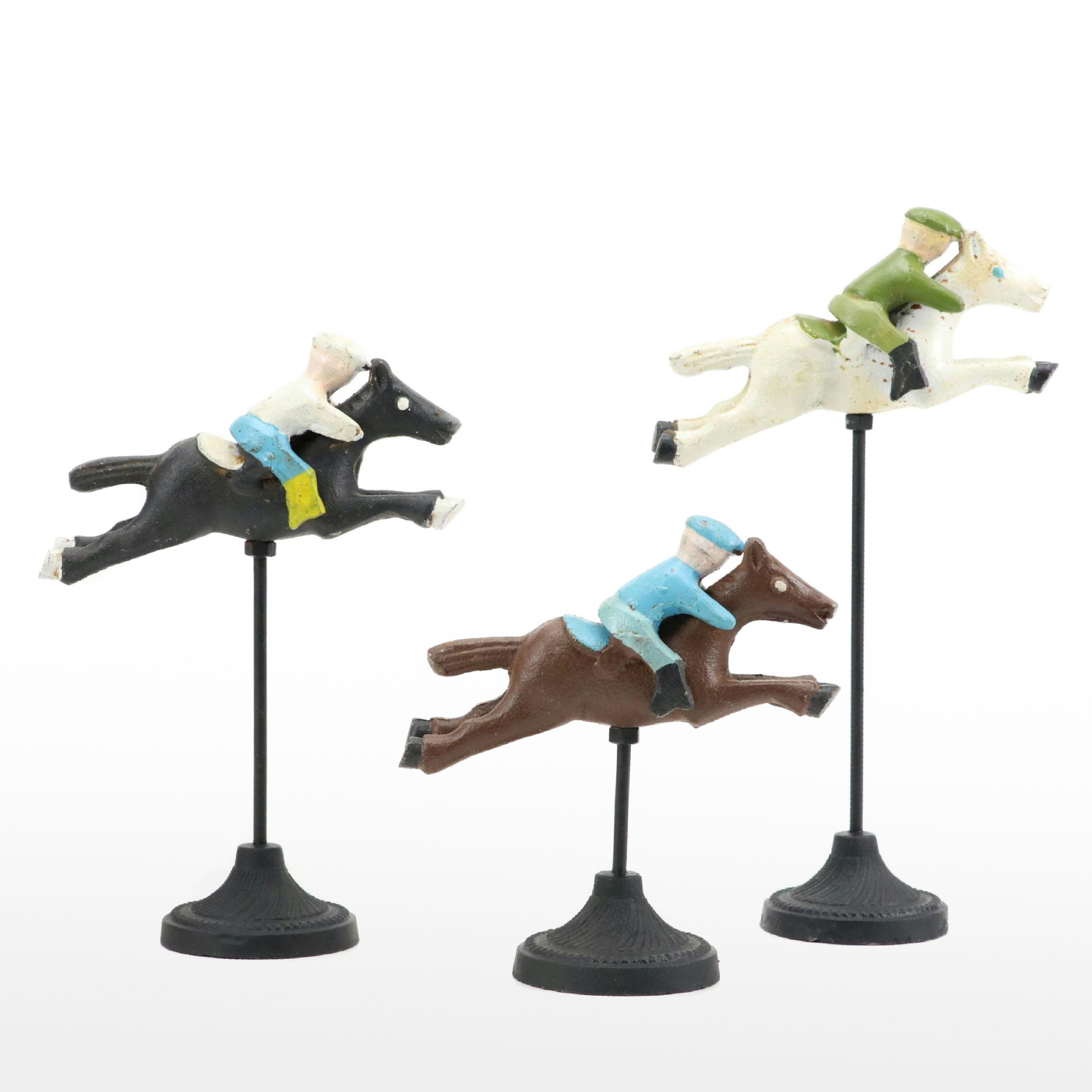 Folk Art Style Cast Iron Horse and Jockey Figurine Set