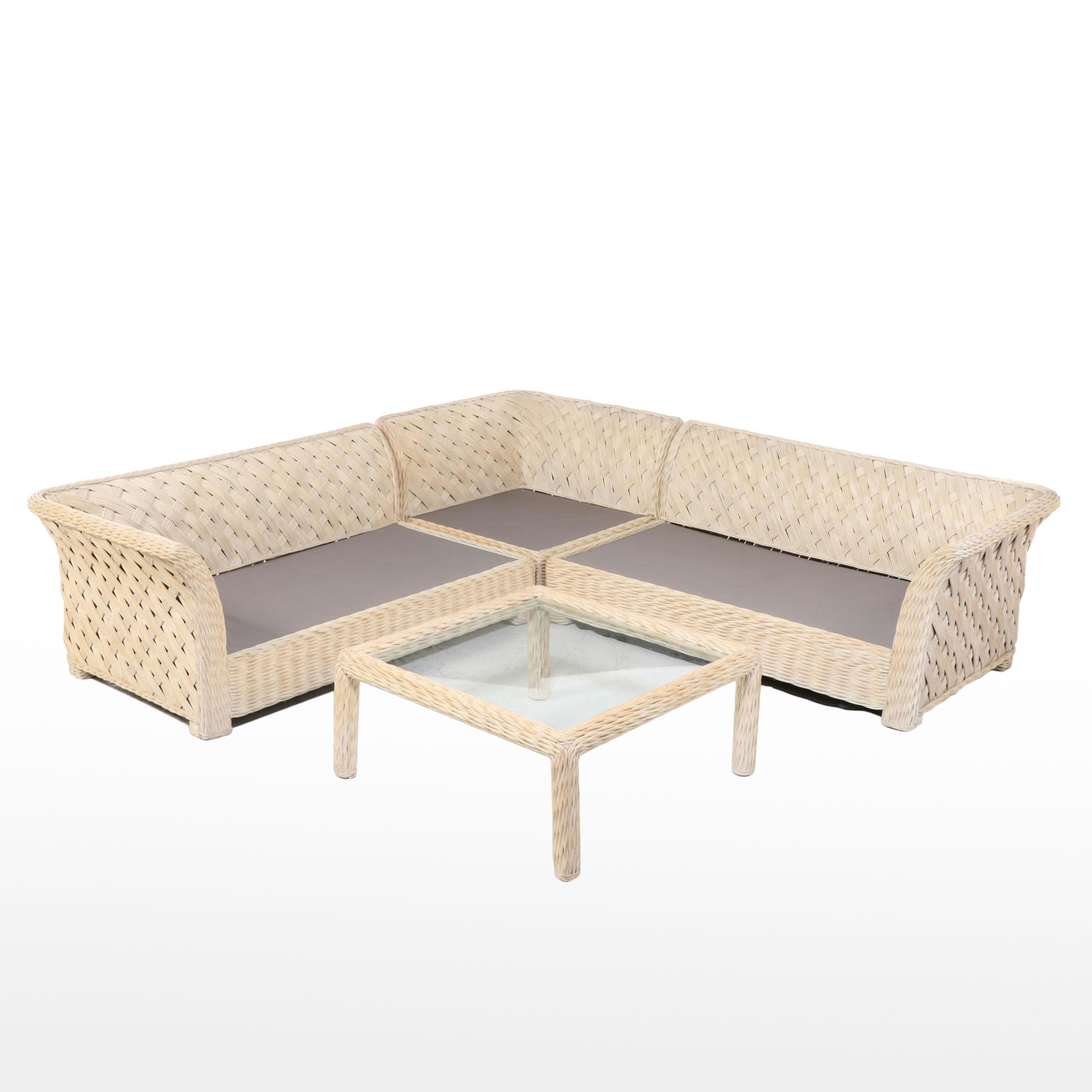 Wicker Woven Sectional Sofa with Coordinating Glass Top Coffee Table