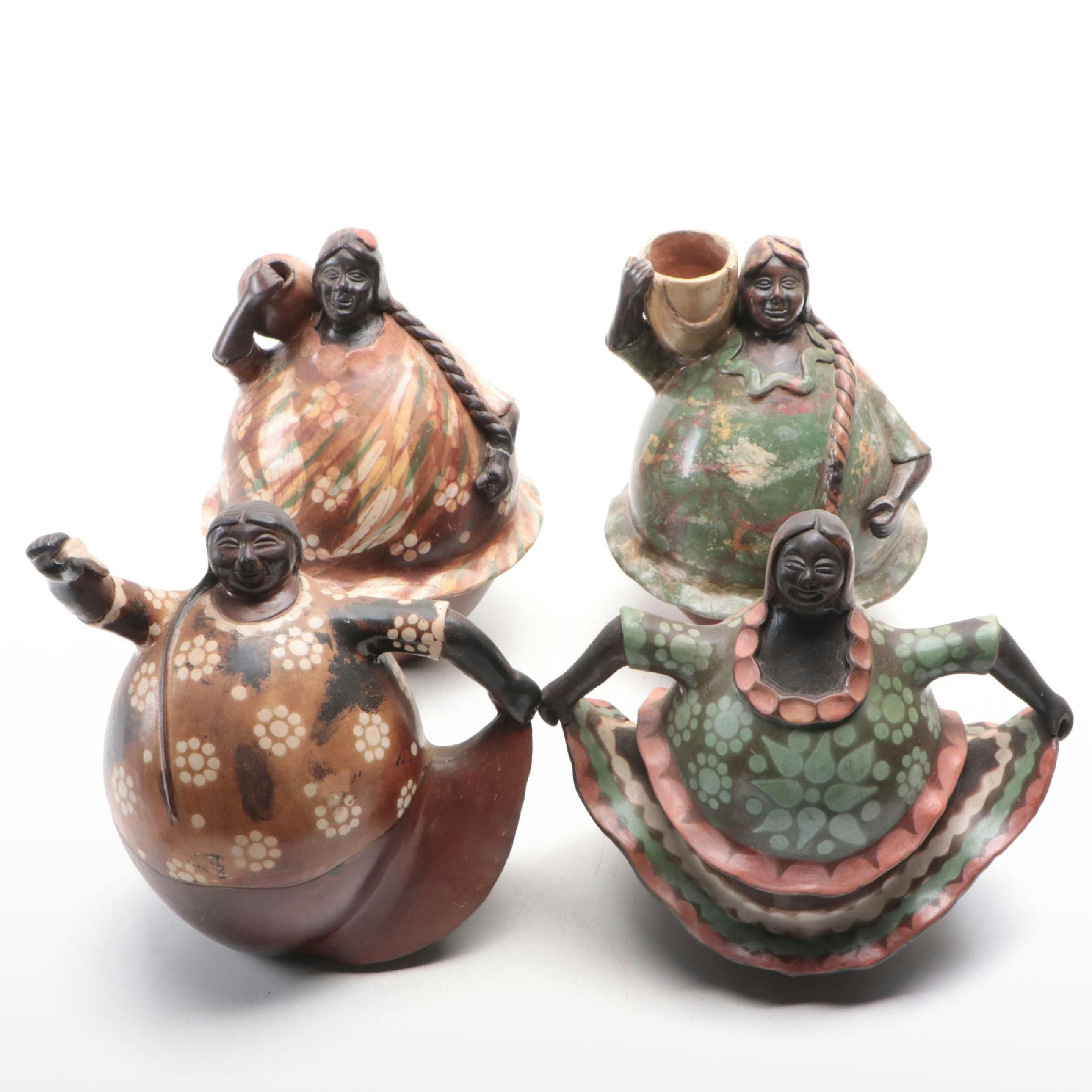 Peruvian Folk Art Terracotta Figures of Female Dancers and Waterbearers