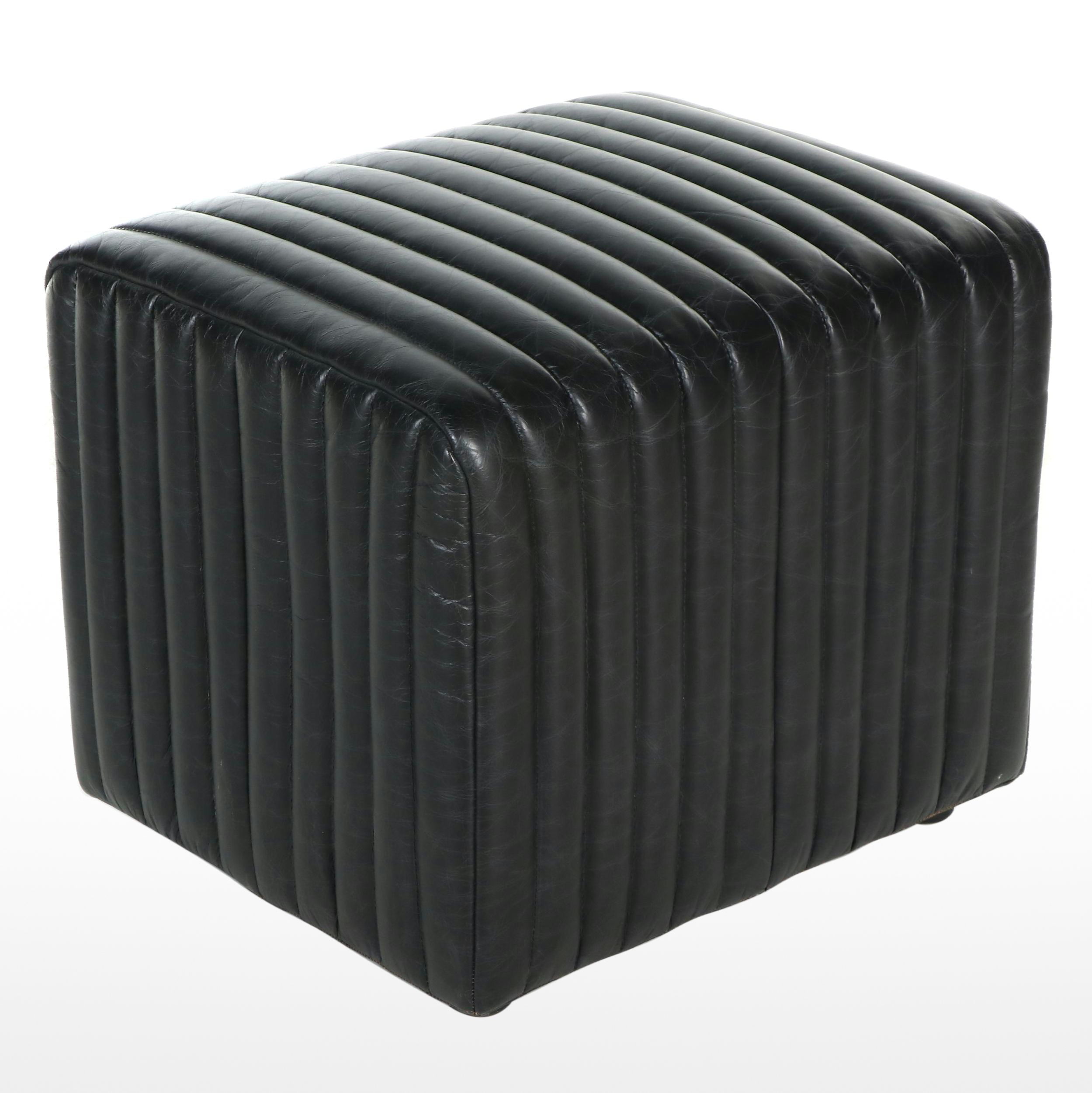 Postmodern Style Ribbed Leather Cube Shaped Ottoman Everything But