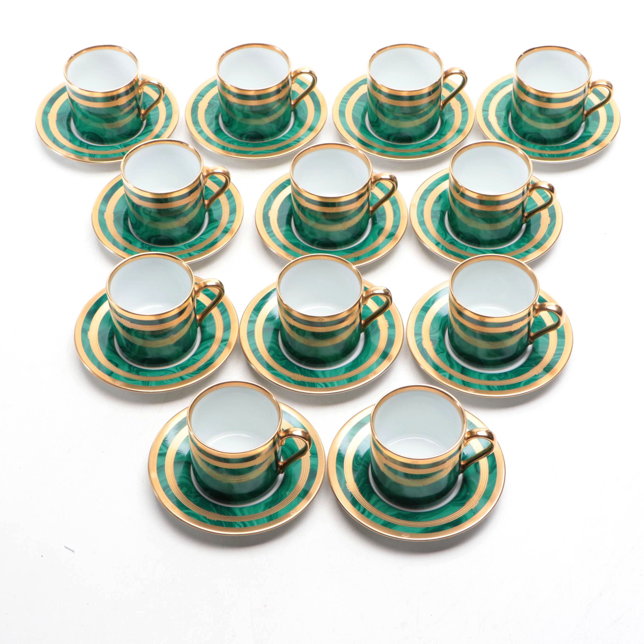 Christian Dior "Gaudron Malachite Green" Porcelain Demitasse Cups and Saucers