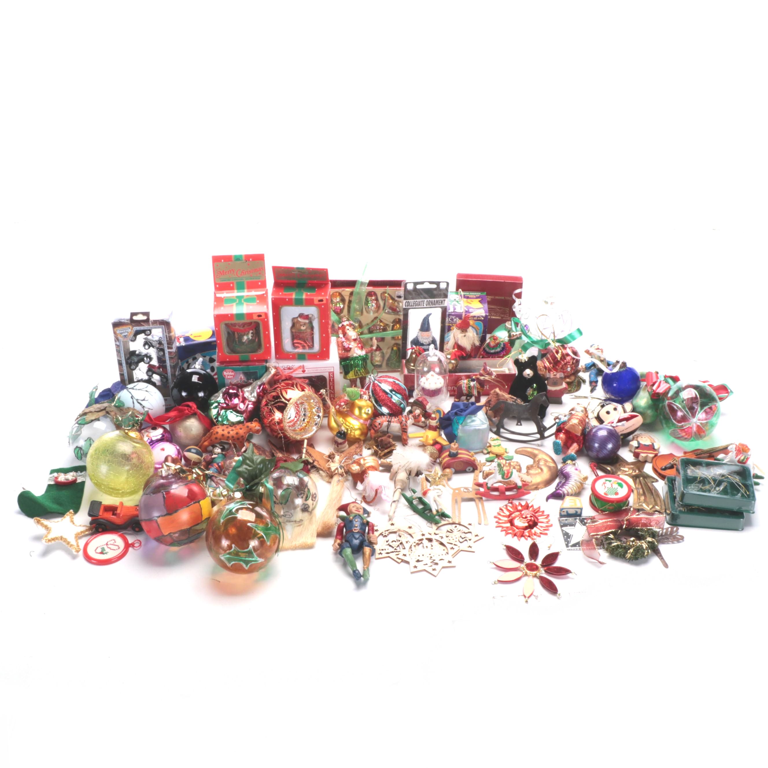 Hand-Painted Glass, Carved Wood and Acrylic Orbs and Figural Tree Ornaments