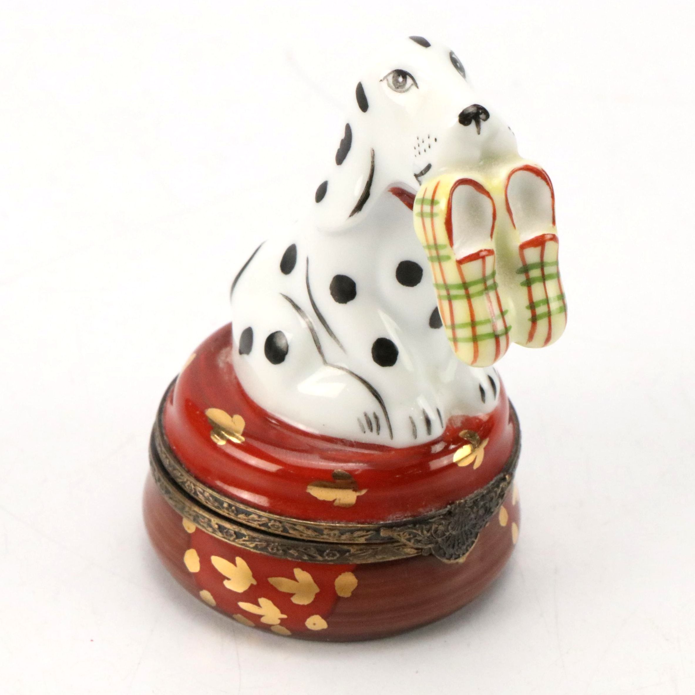 Limoges Dalmatian Holding Slippers Porcelain Box