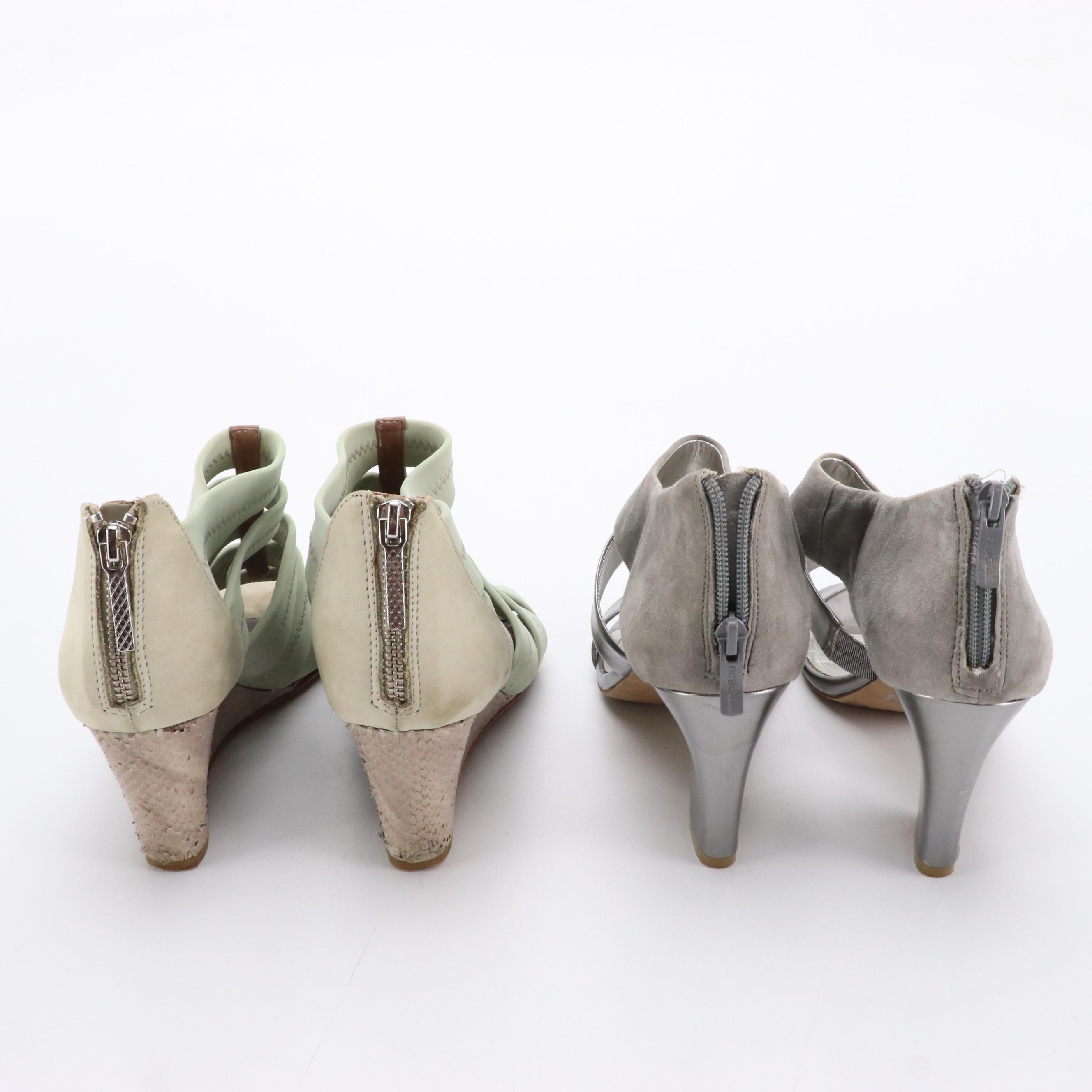 Donald J. Pliner Mint Green Strappy Wedges and BCBG Silver Leather/Suede Heels