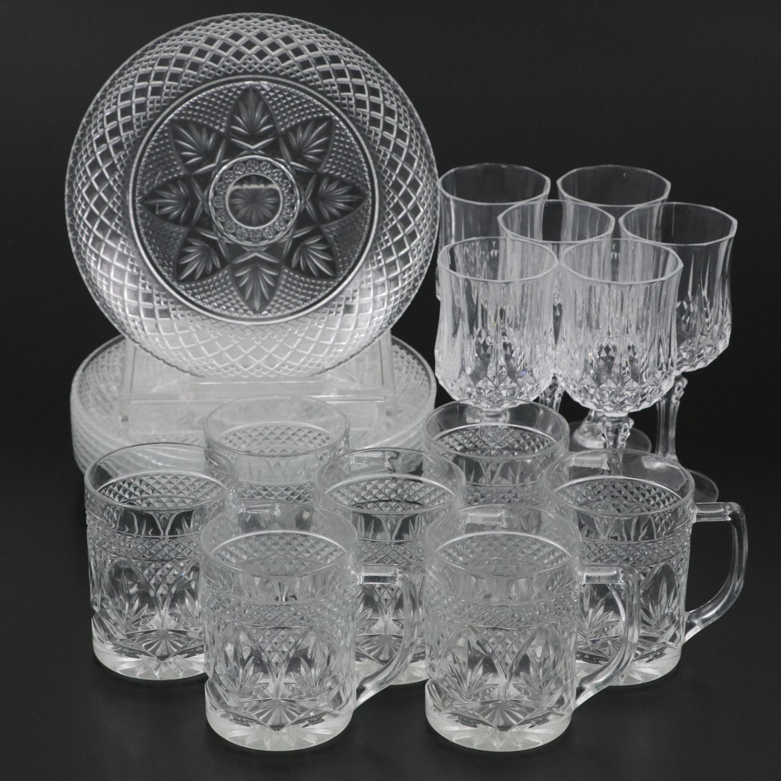 Cristal d'Arques-Durand "Antique" Plates and Mugs with "Longchamps" Glasses