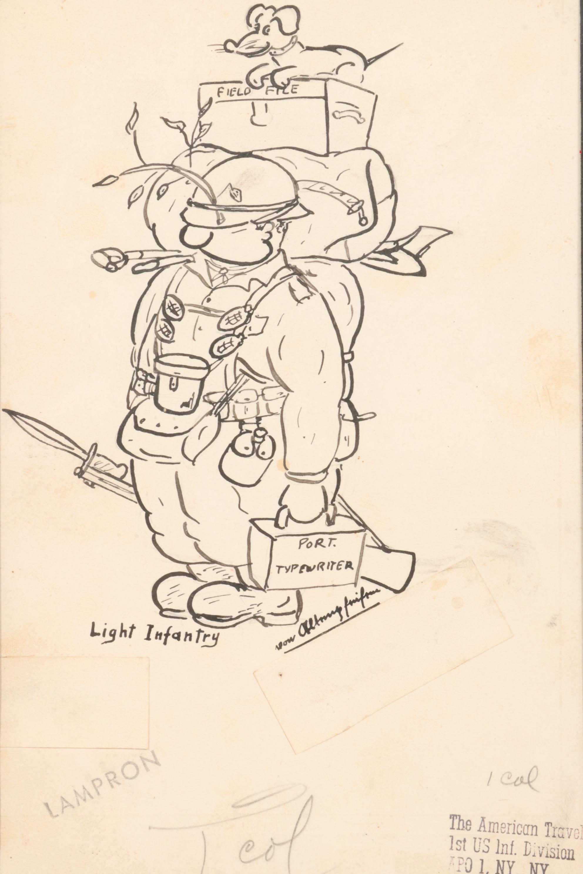 Pen and Ink World War II Cartoons, Two Stamped Lampron, Set of Four is Framed