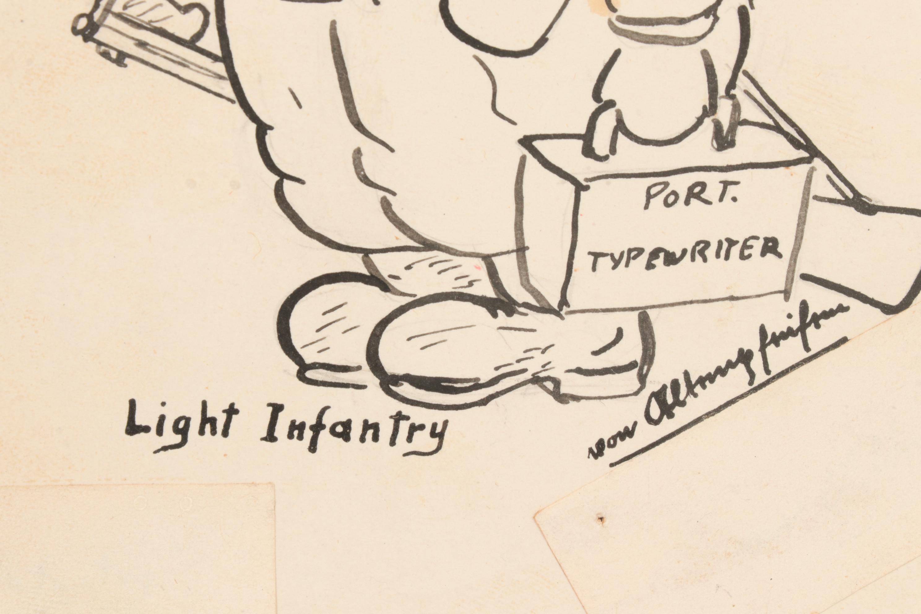 Pen and Ink World War II Cartoons, Two Stamped Lampron, Set of Four is Framed