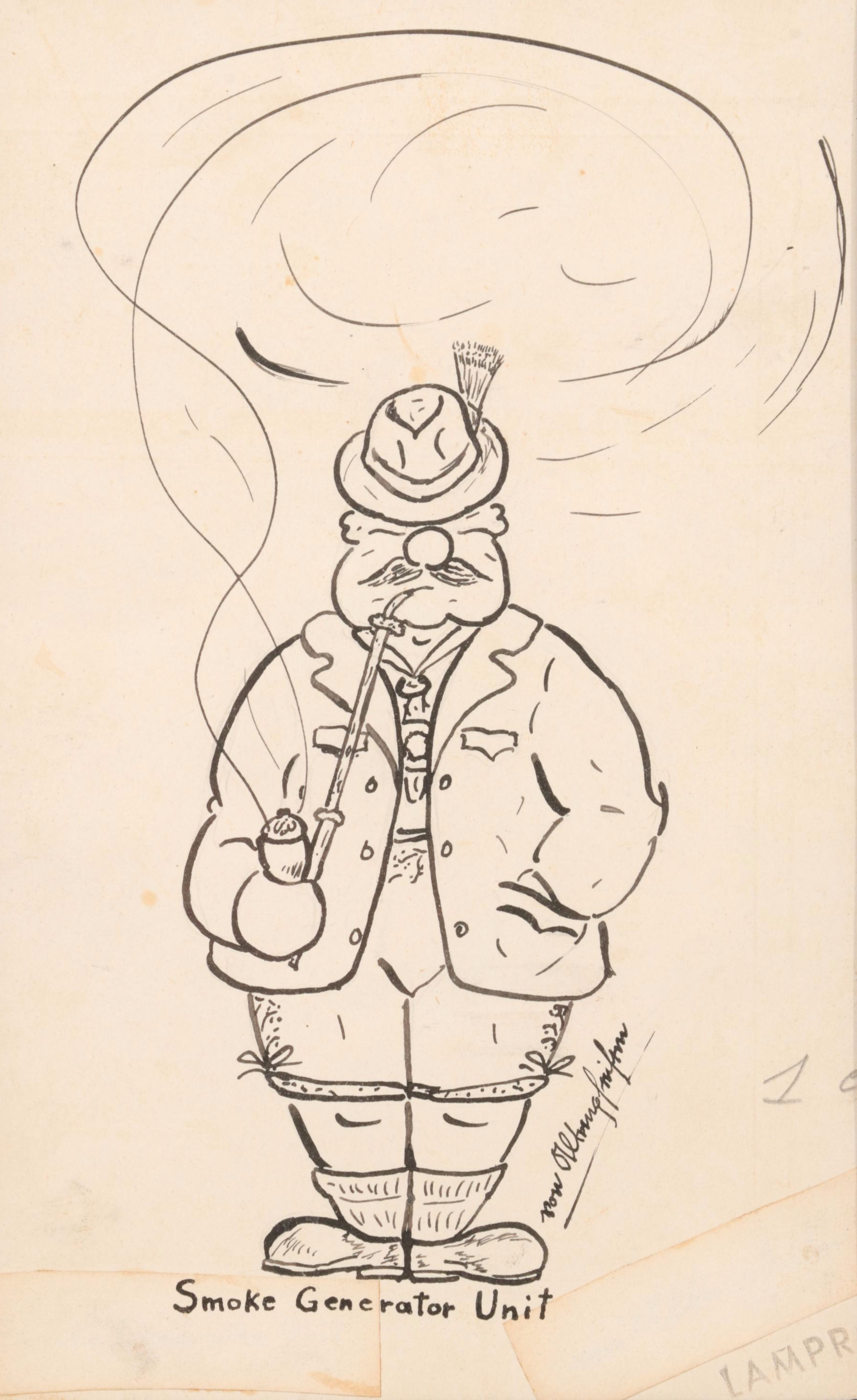 Pen and Ink World War II Cartoons, Two Stamped Lampron, Set of Four is Framed