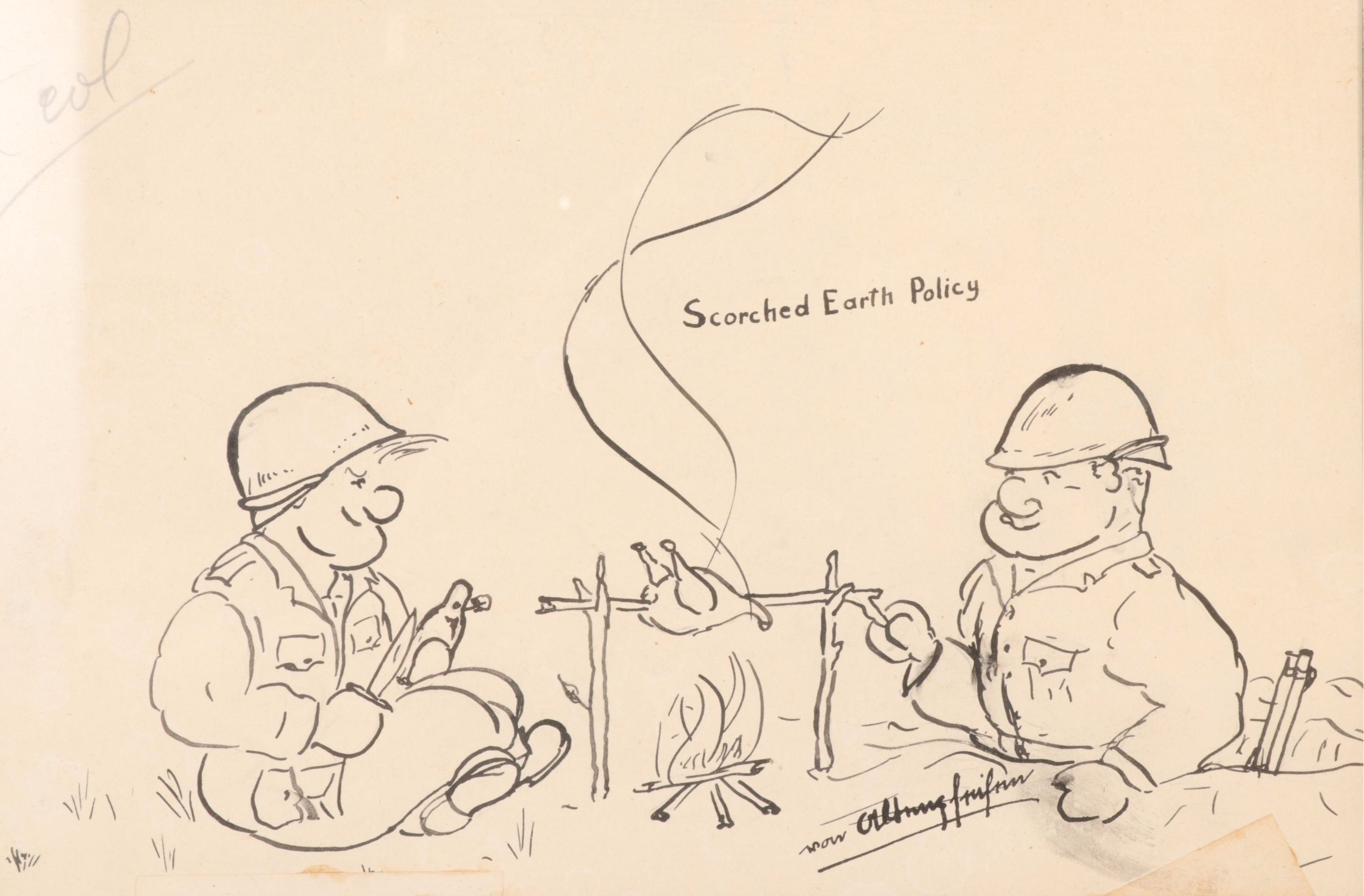 Pen and Ink World War II Cartoons, Two Stamped Lampron, Set of Four is Framed