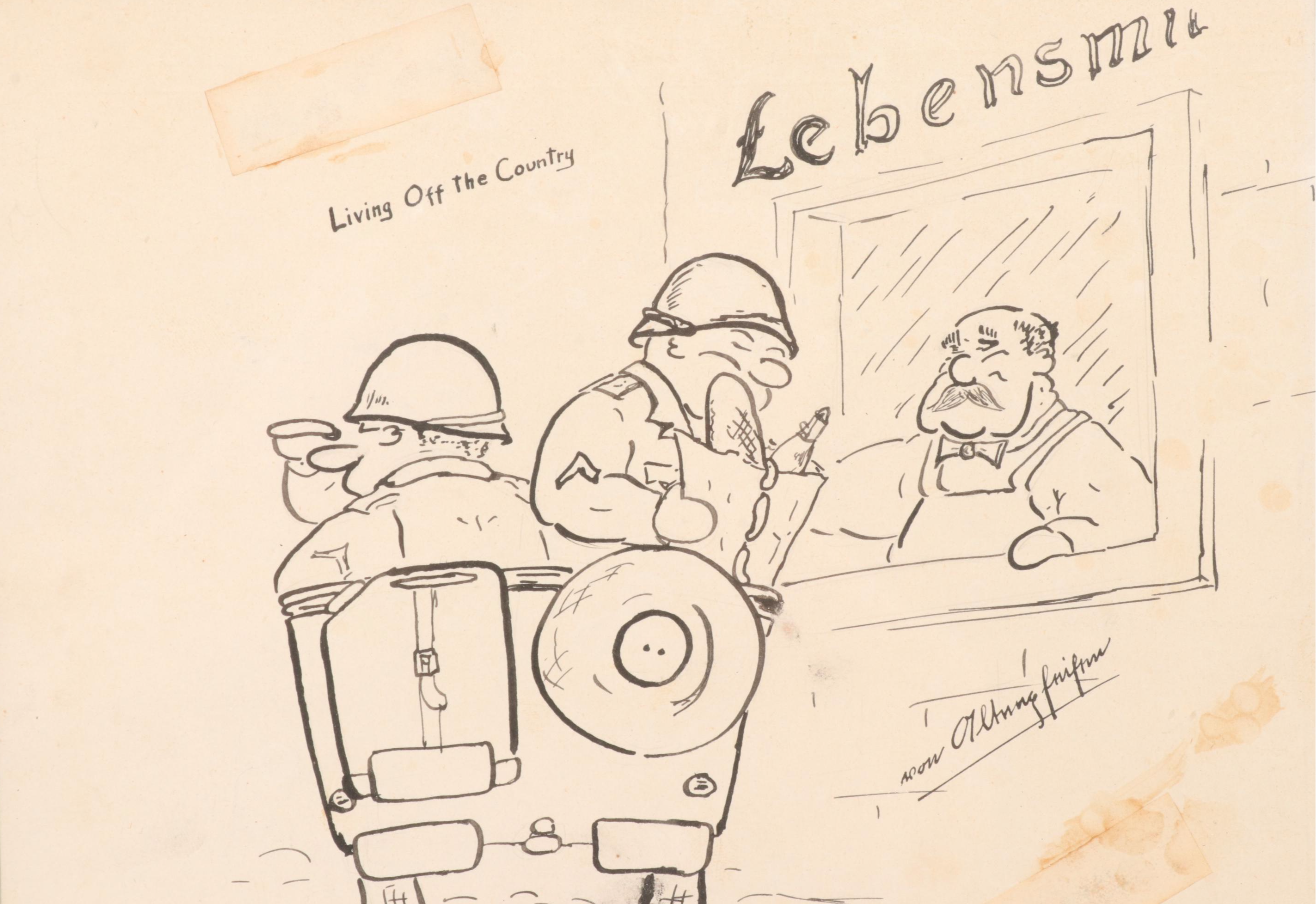 Pen and Ink World War II Cartoons, Two Stamped Lampron, Set of Four is Framed