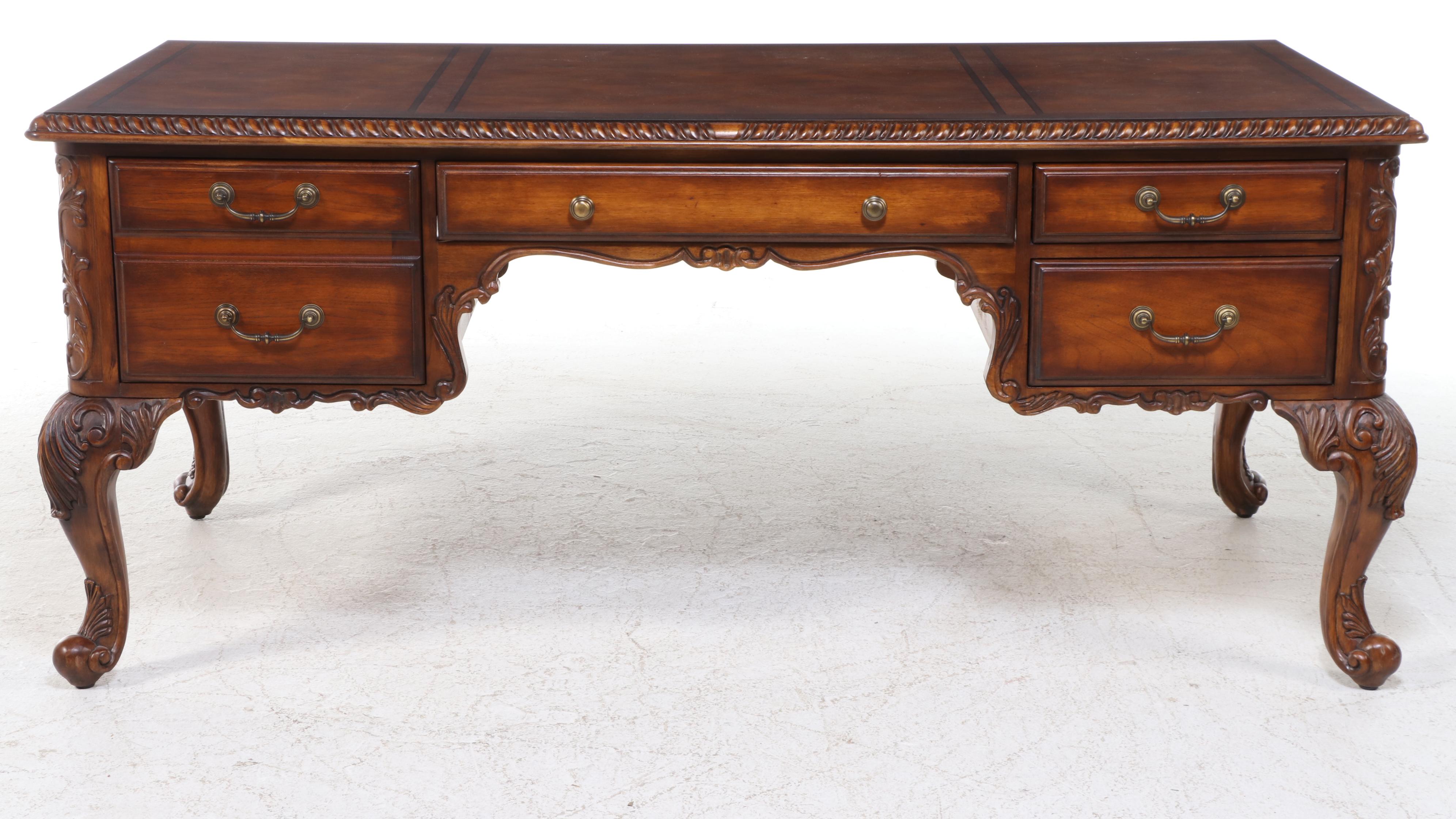 Hooker Furniture "Seven Seas" Hardwood Bureau Plat and Faux-Leather Armchair