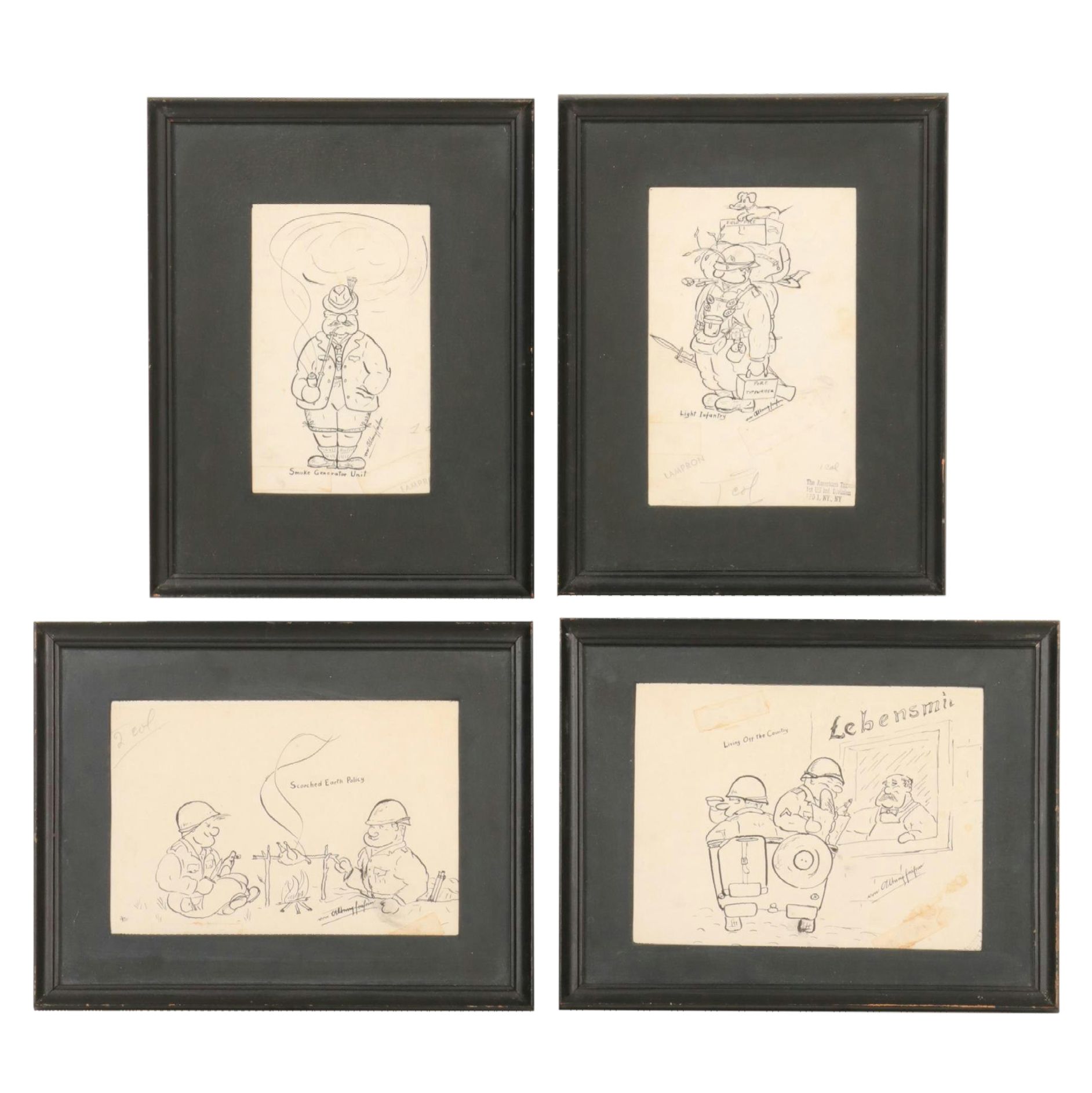 Pen and Ink World War II Cartoons, Two Stamped Lampron, Set of Four is Framed