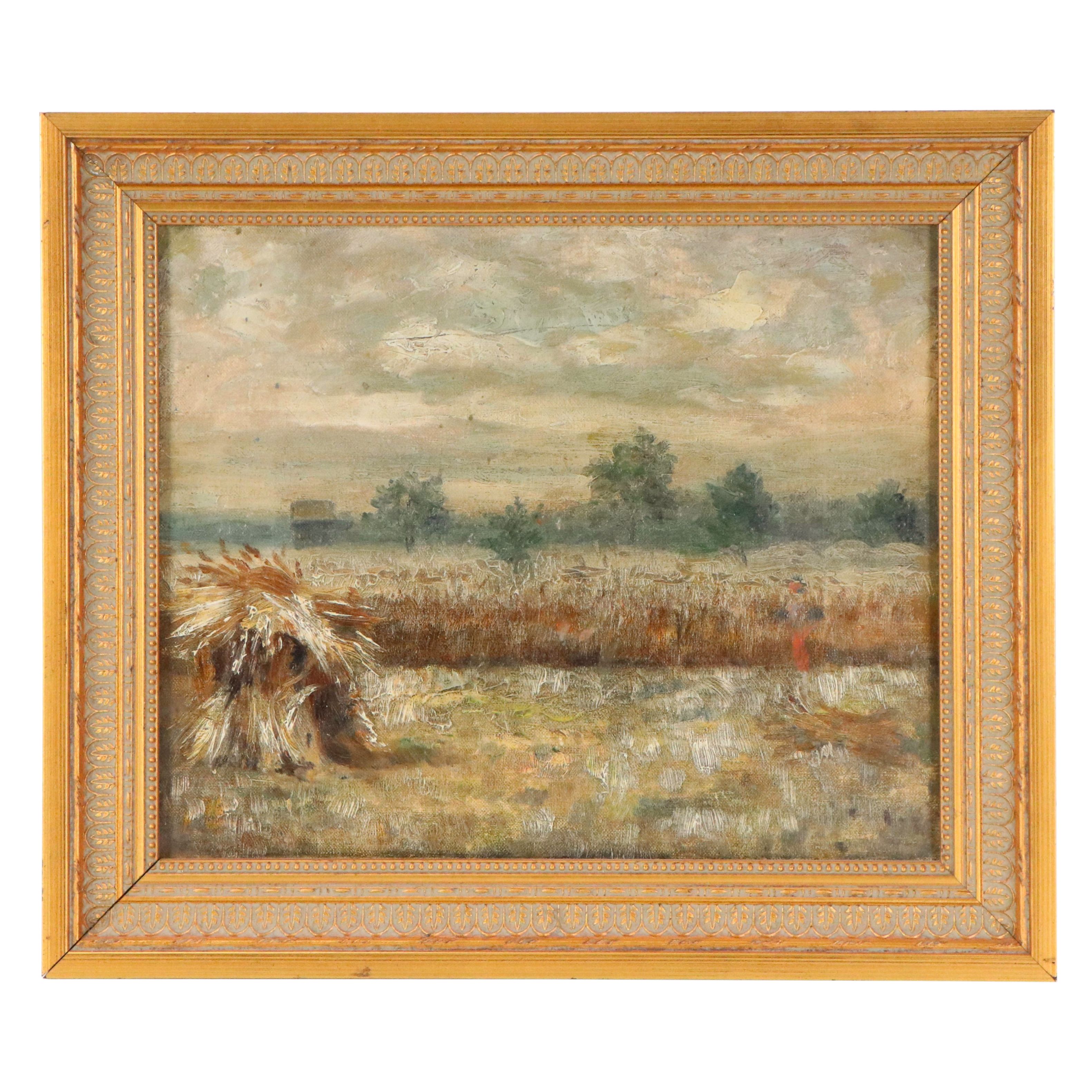 Haystack and Harvest Oil Painting Attributed to Charles Alfred Meurer ...