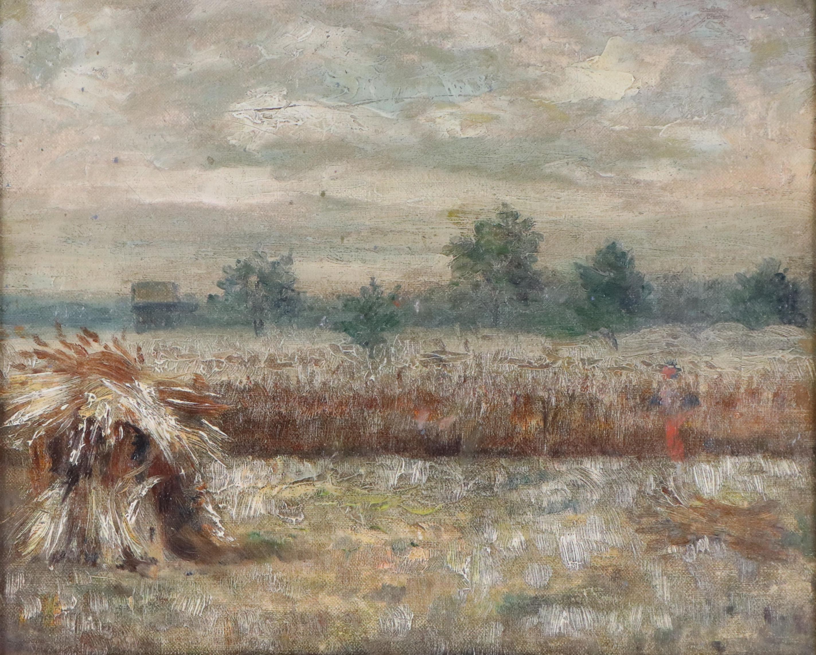 Haystack and Harvest Oil Painting Attributed to Charles Alfred Meurer ...