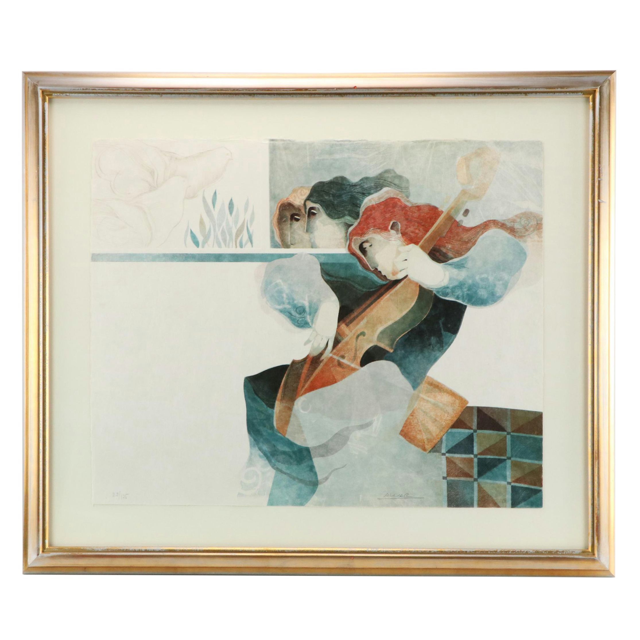 Àlvar Suñol Lithograph "Musique de Flores," Late 20th Century