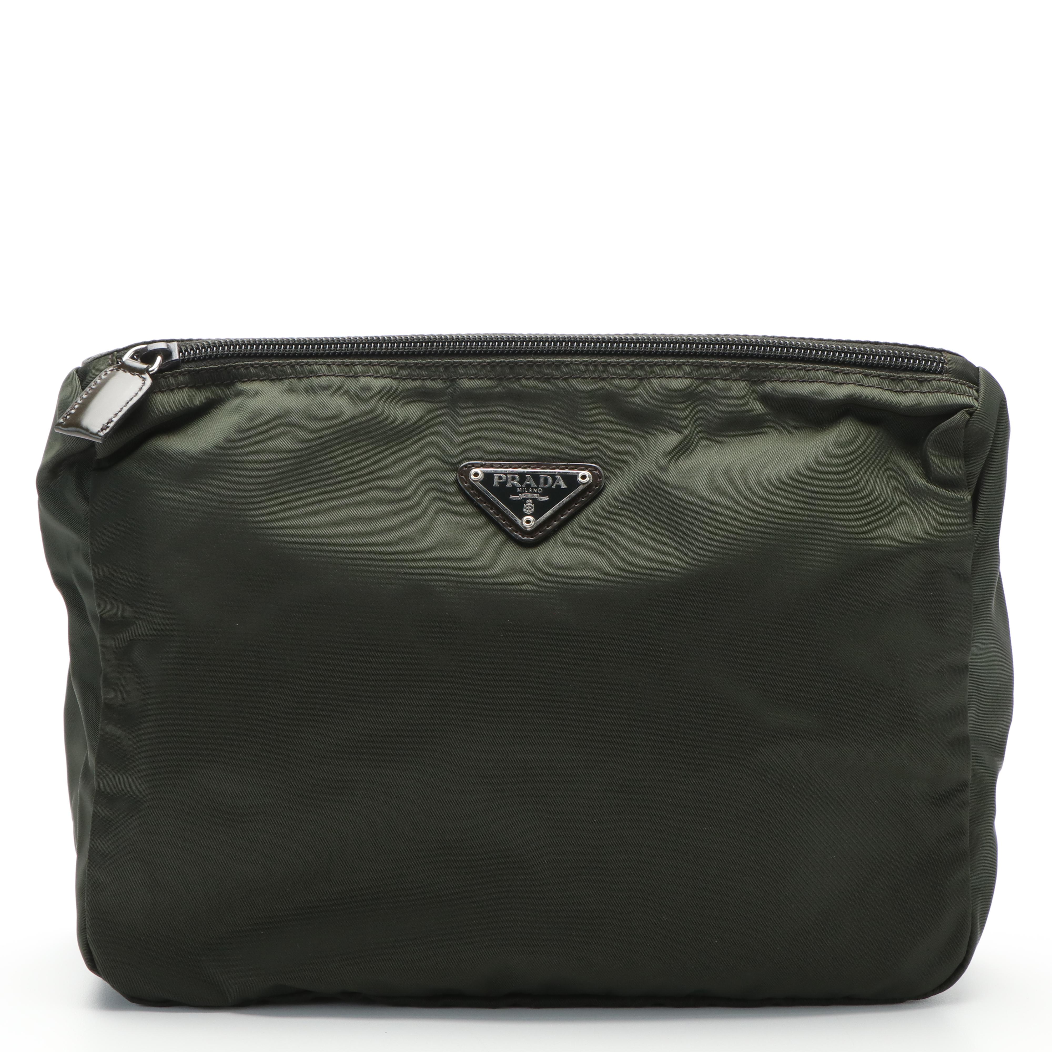 Prada Tessuto Loden Green Zippered Pouch Clutch Bag