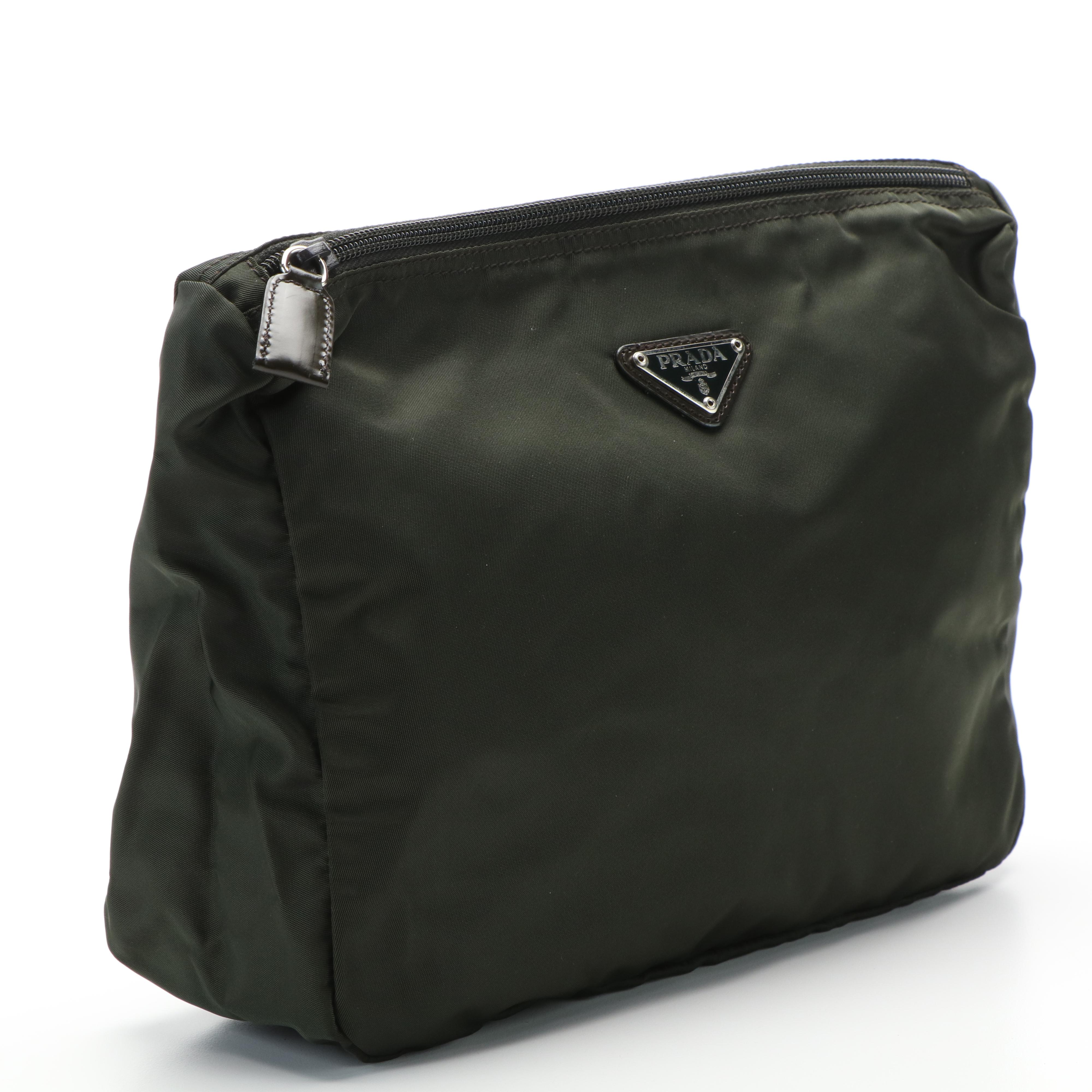 Prada Tessuto Loden Green Zippered Pouch Clutch Bag