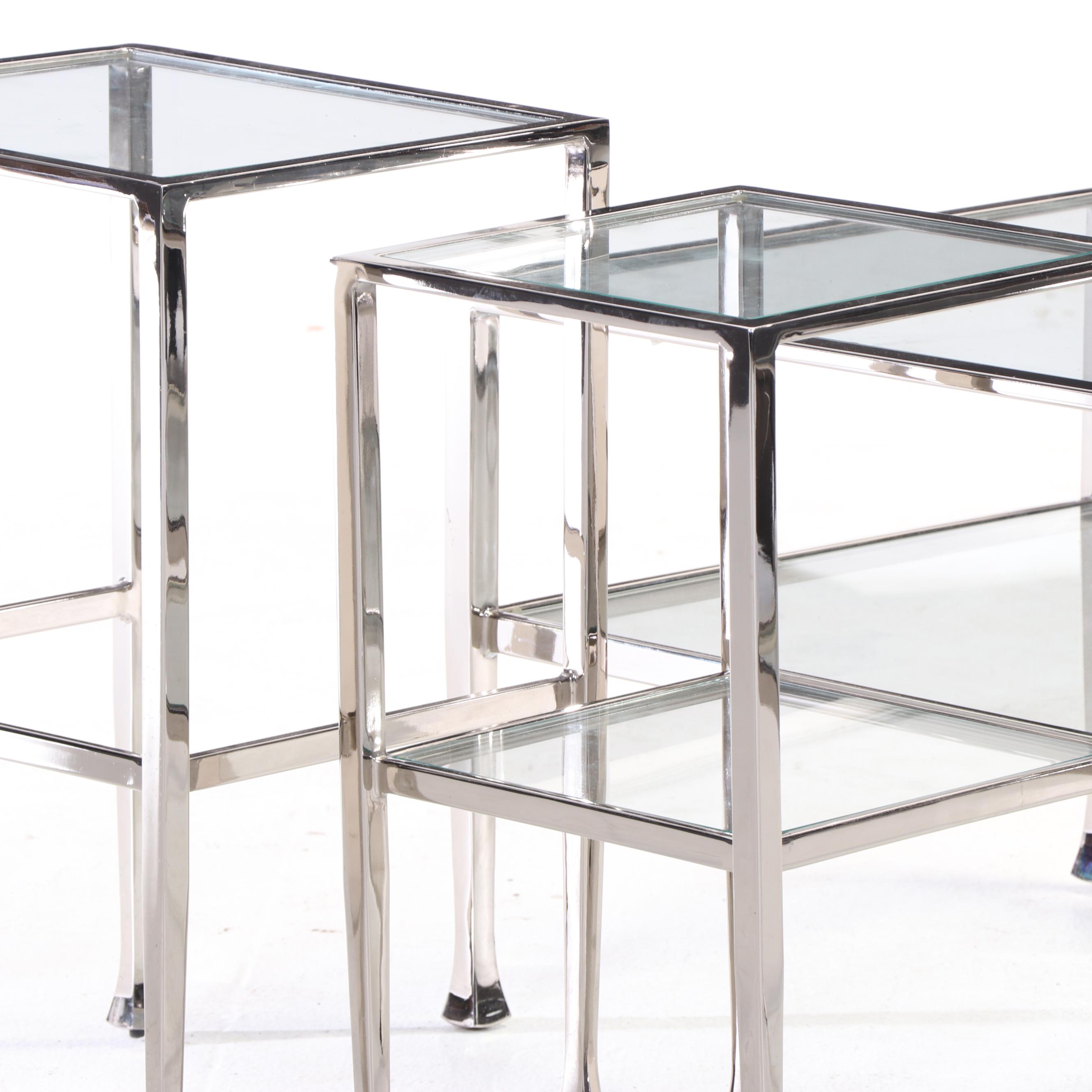 Pottery Barn "Tanner" Chrome and Glass Coffee Table and Two Nesting Tables