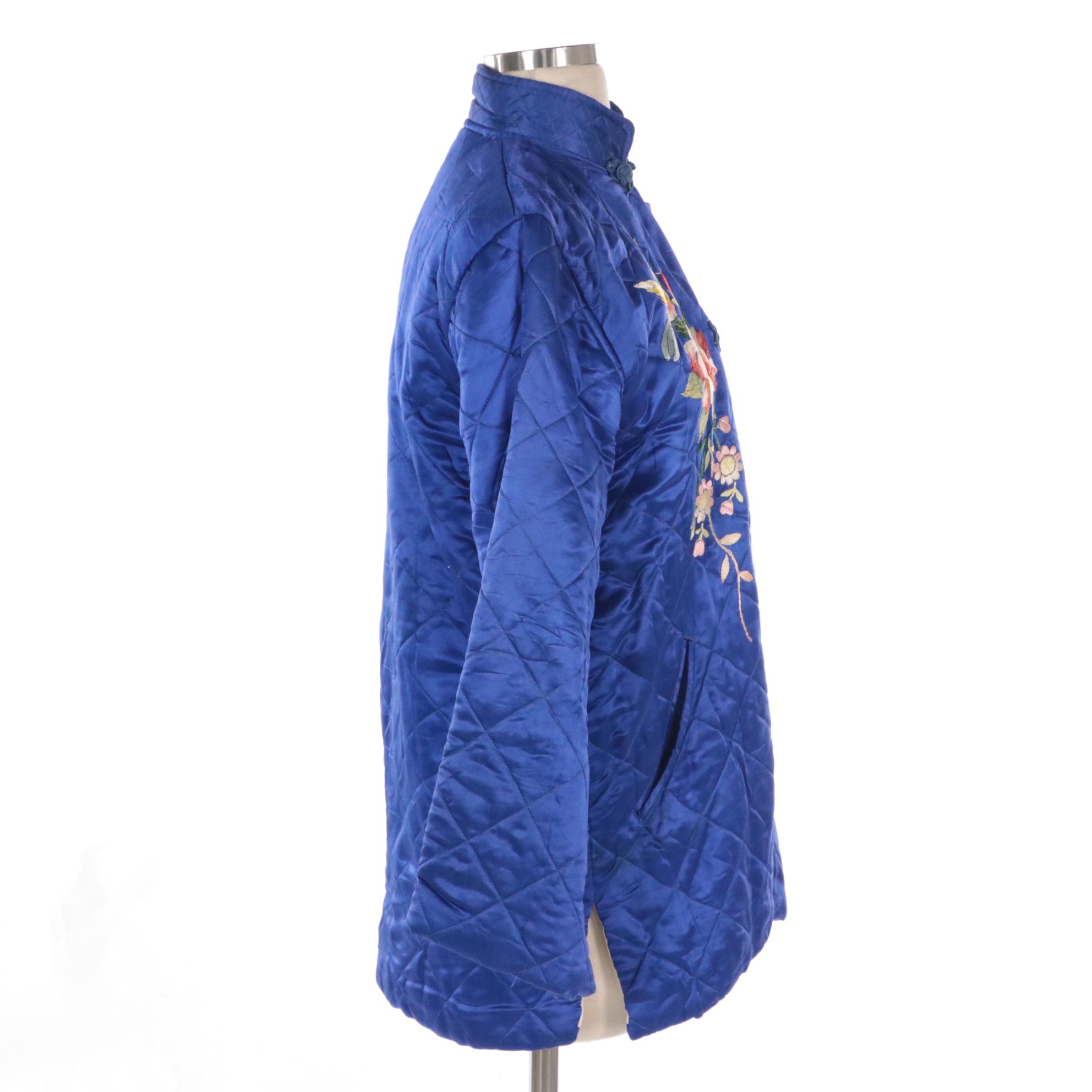 Chinese Inspired Floral and Bird Embroidered Quilted Satin Jacket