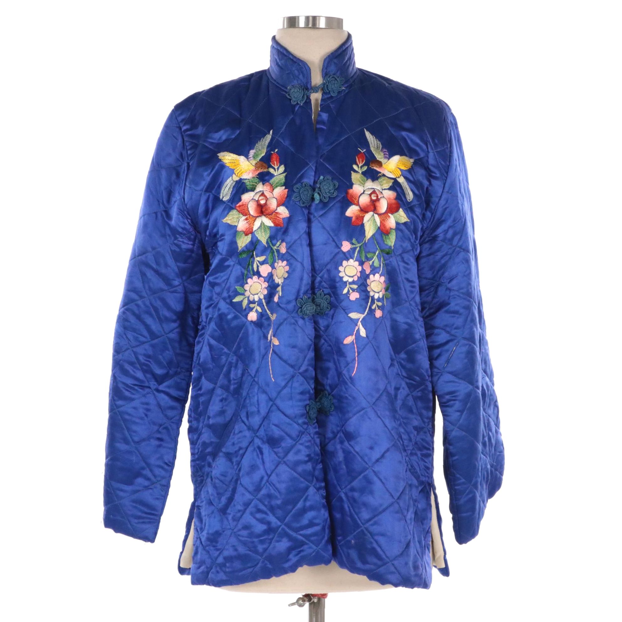 Chinese Inspired Floral and Bird Embroidered Quilted Satin Jacket