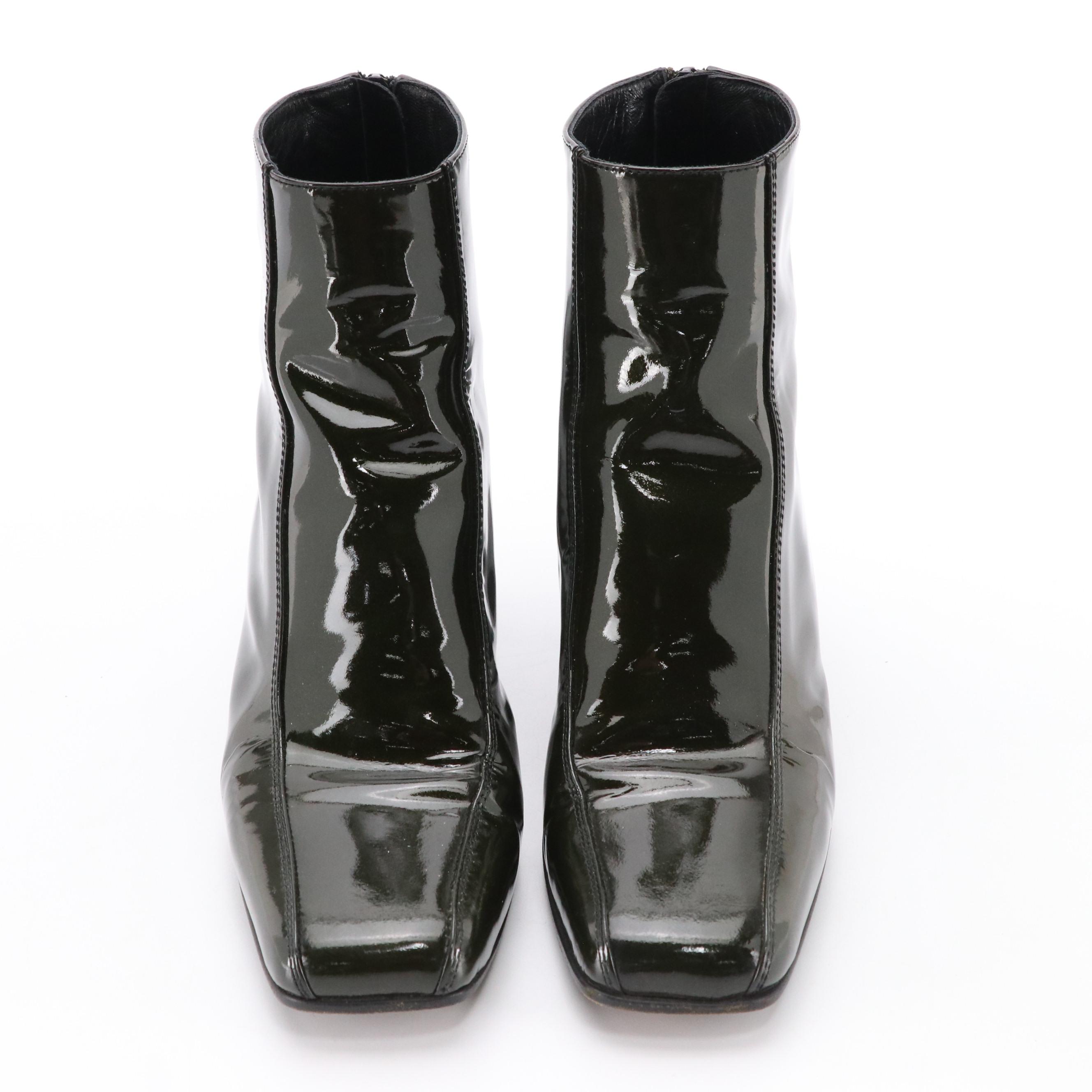 Prada Shimmery Olive Green Patent Leather Block-Heel Ankle Boots in Box
