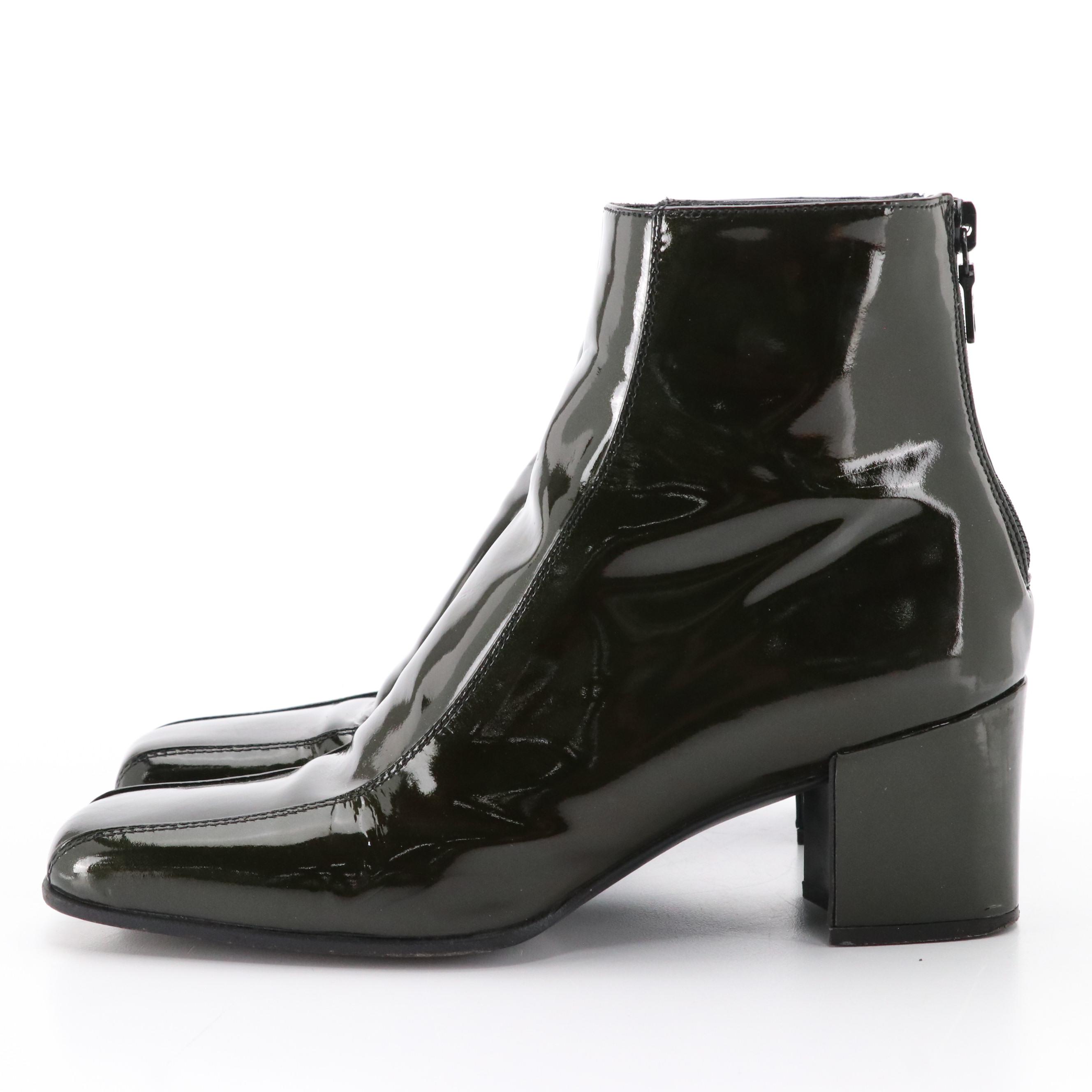 Prada Shimmery Olive Green Patent Leather Block-Heel Ankle Boots in Box