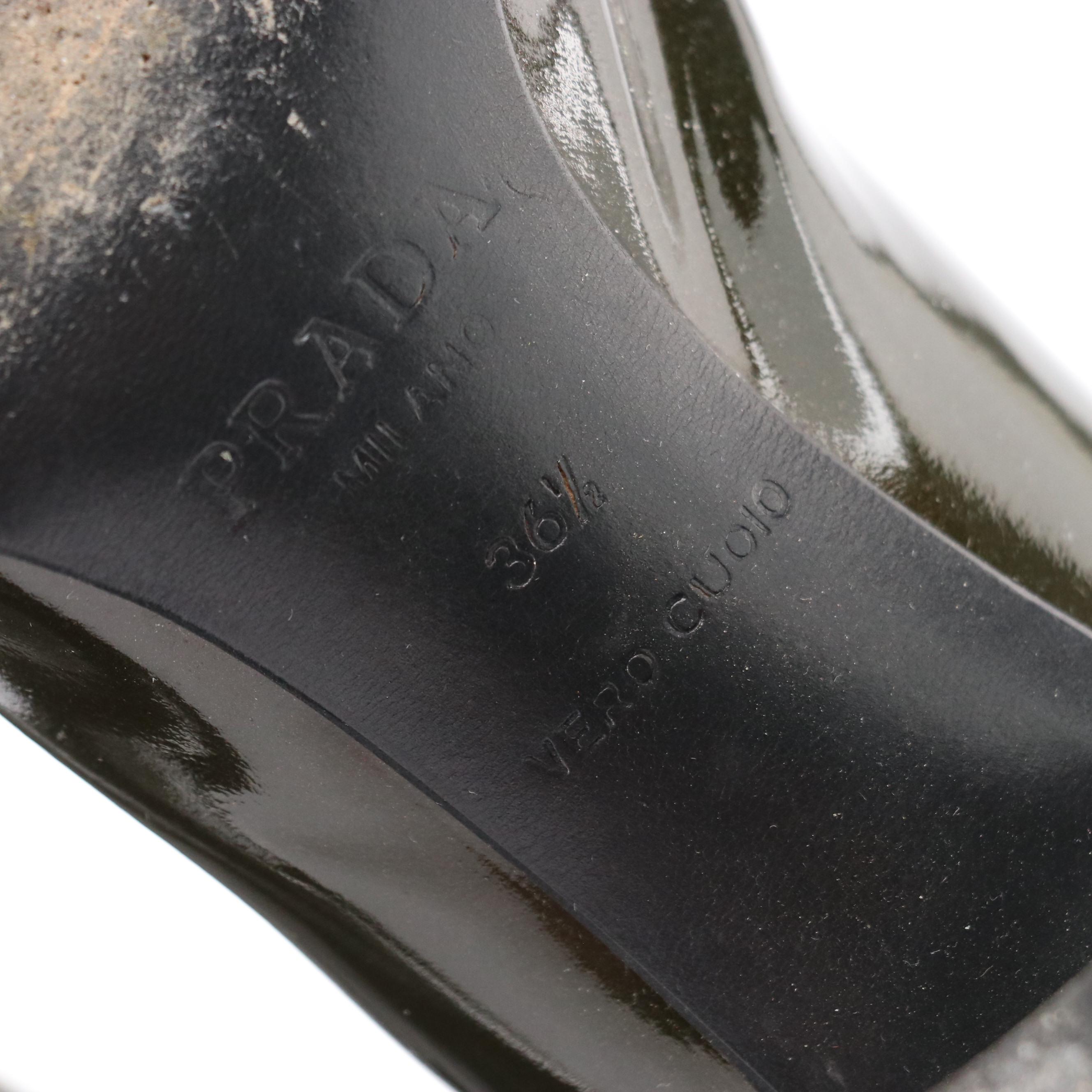 Prada Shimmery Olive Green Patent Leather Block-Heel Ankle Boots in Box