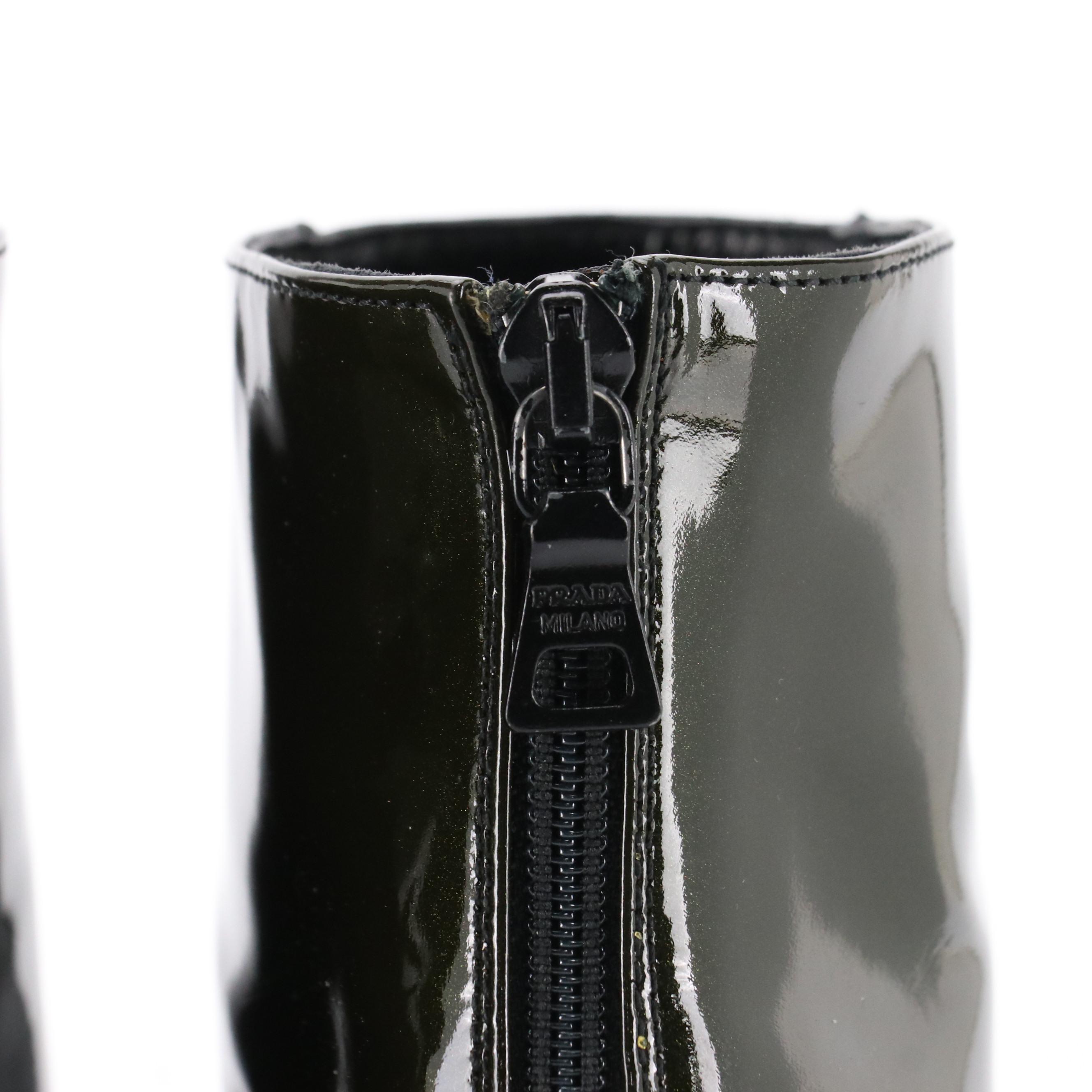 Prada Shimmery Olive Green Patent Leather Block-Heel Ankle Boots in Box