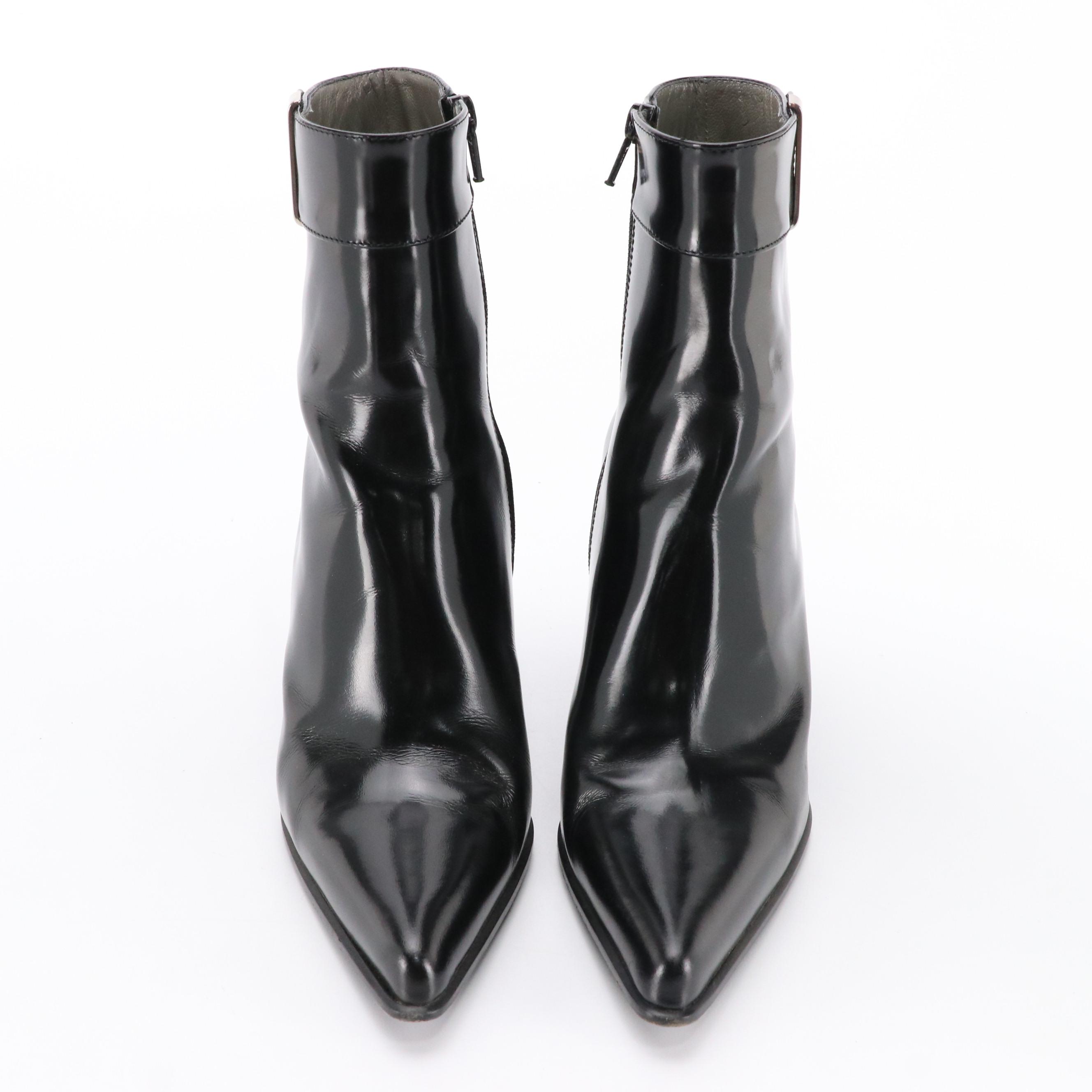 Prada Pointed-Toe Ankle Boots in Black Patent Leather with Box