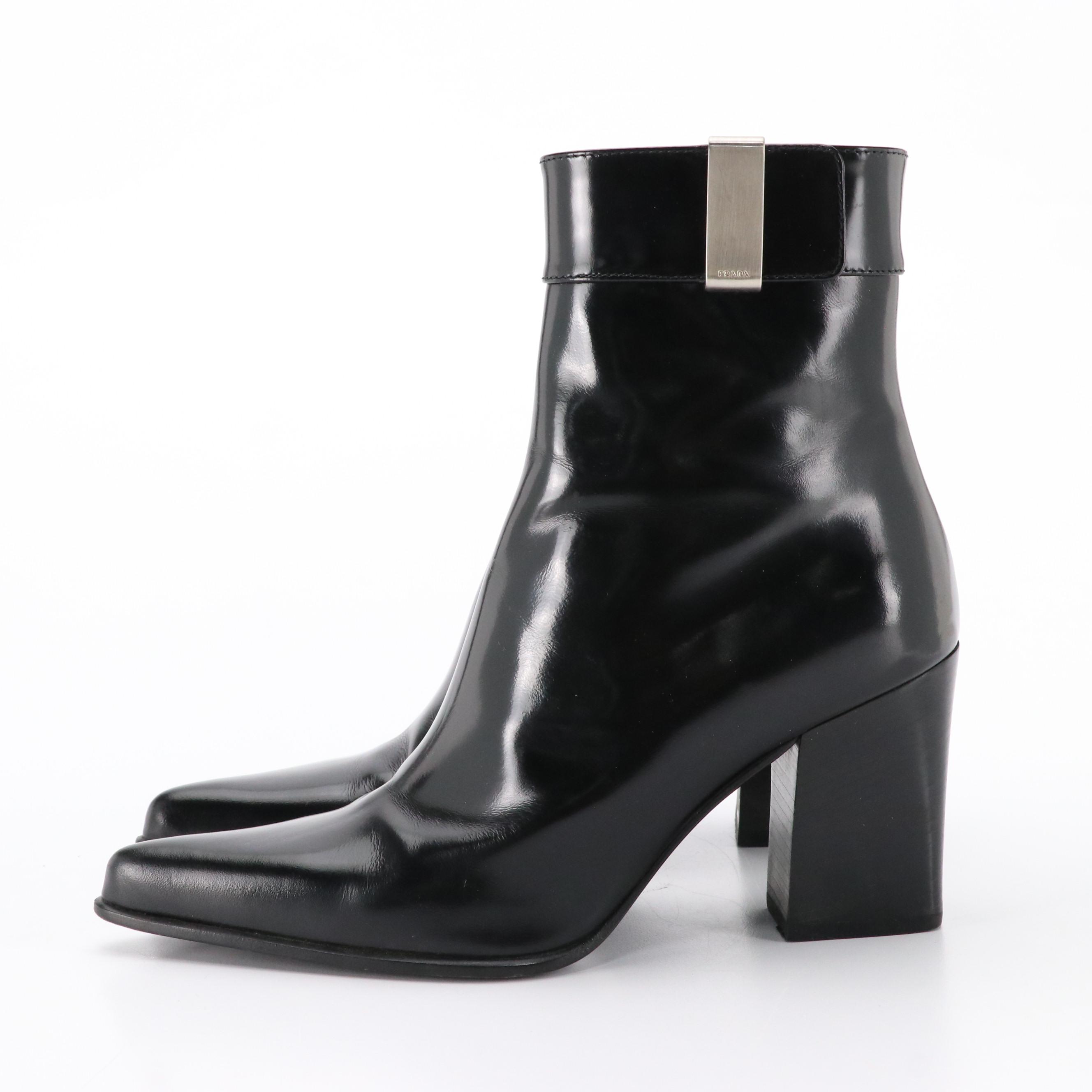 Prada Pointed-Toe Ankle Boots in Black Patent Leather with Box