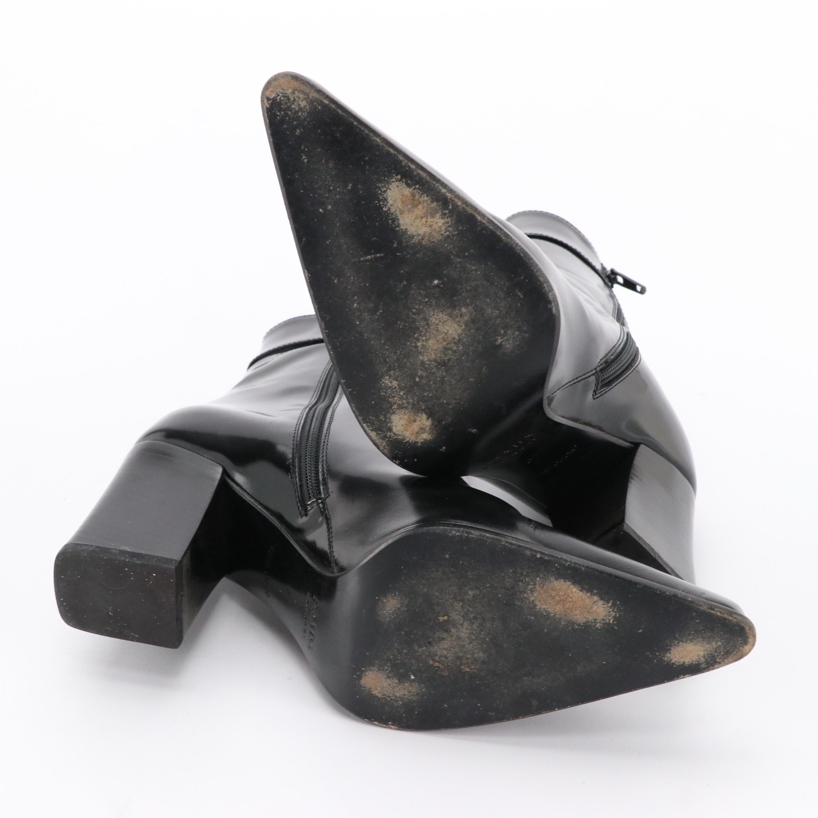 Prada Pointed-Toe Ankle Boots in Black Patent Leather with Box