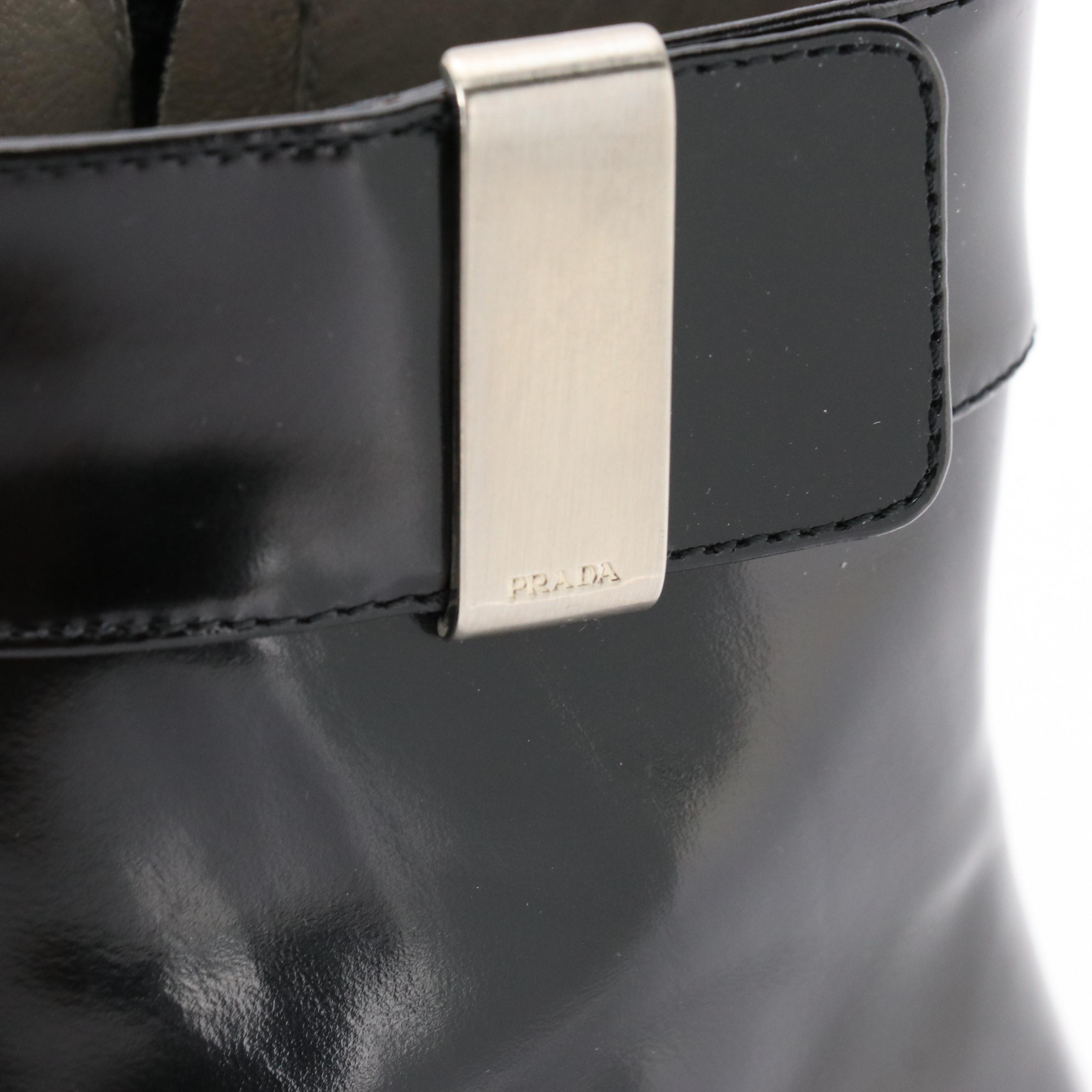 Prada Pointed-Toe Ankle Boots in Black Patent Leather with Box