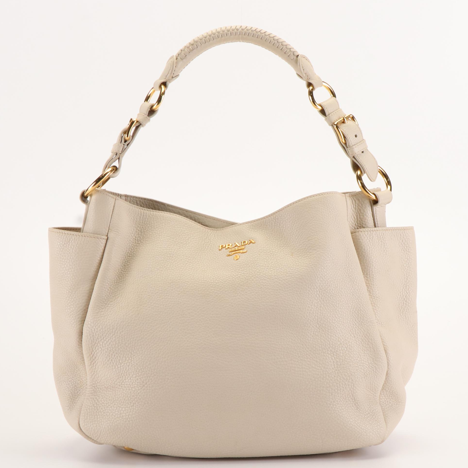 Prada Vitello Daino Talcum Leather Double Pocket Hobo Bag