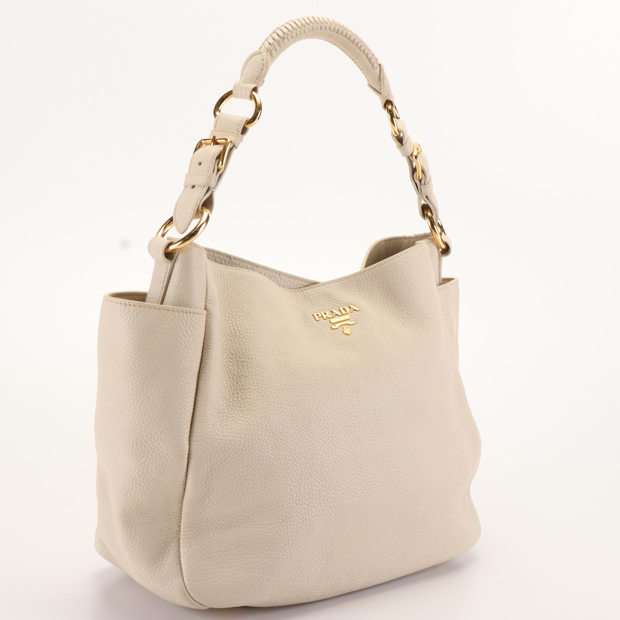 Prada Vitello Daino Talcum Leather Double Pocket Hobo Bag