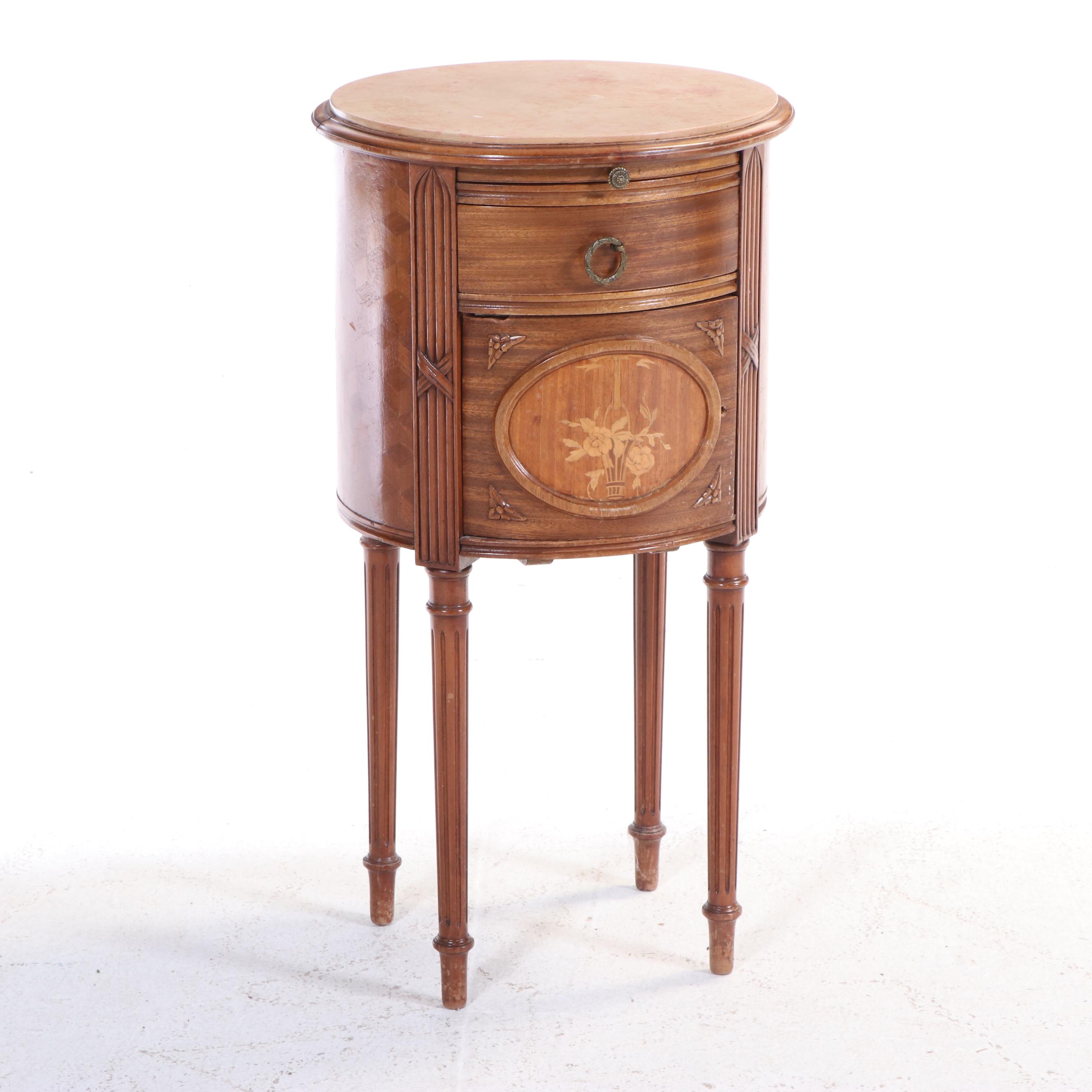 Pair of Louis XVI Style Kingwood, Marquetry, and Marble Top Bedside Tables