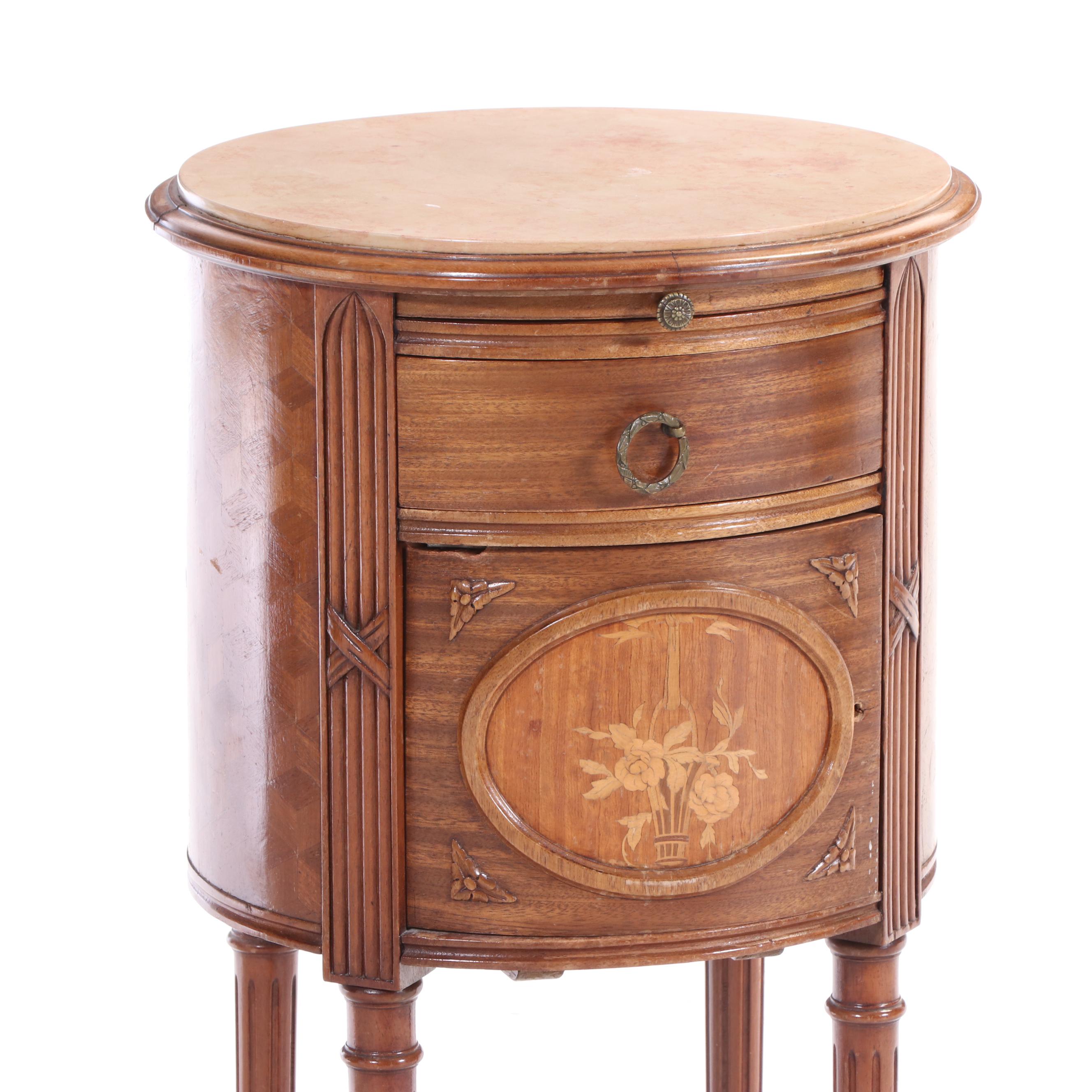 Pair of Louis XVI Style Kingwood, Marquetry, and Marble Top Bedside Tables
