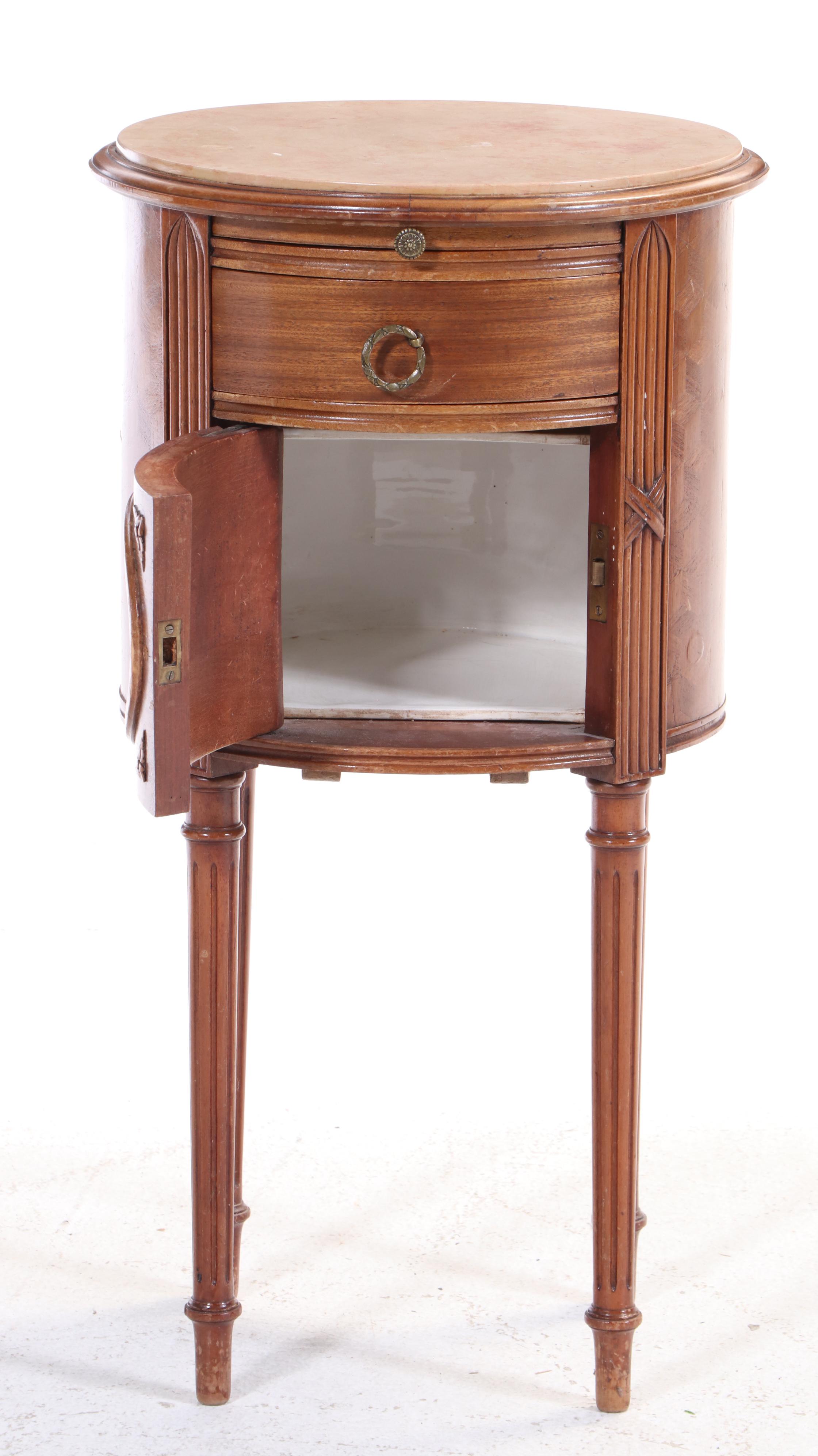 Pair of Louis XVI Style Kingwood, Marquetry, and Marble Top Bedside Tables