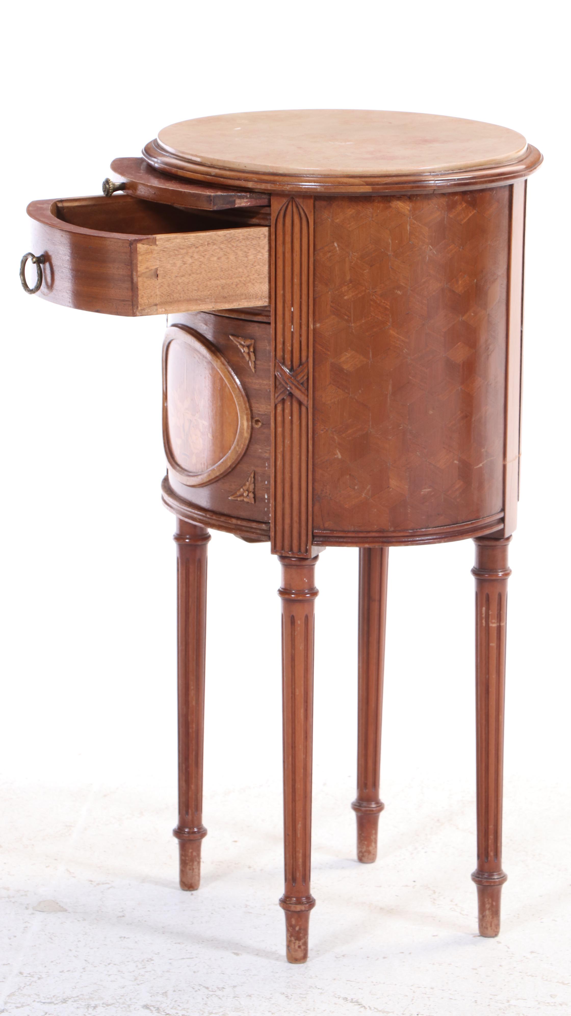 Pair of Louis XVI Style Kingwood, Marquetry, and Marble Top Bedside Tables