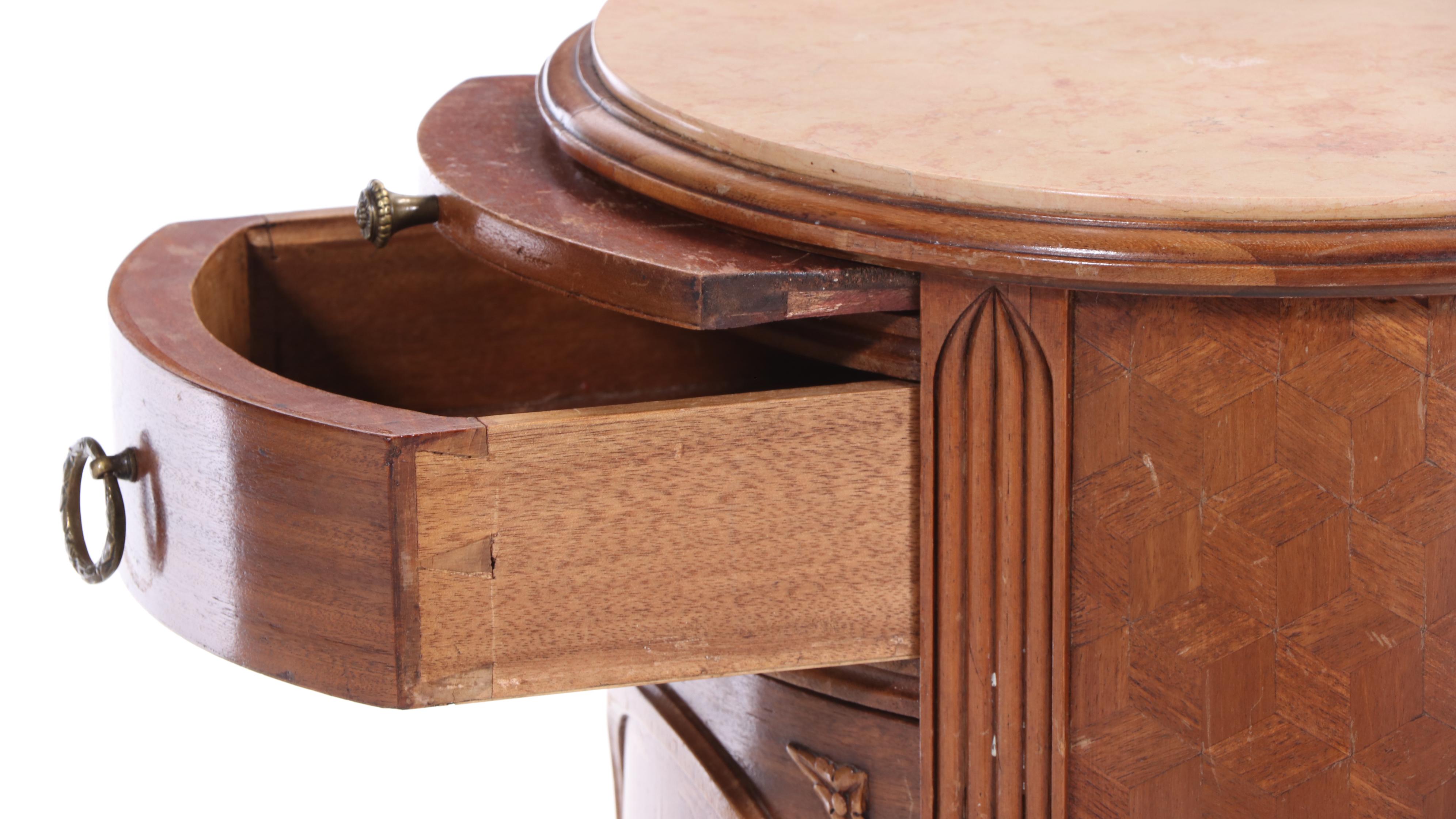 Pair of Louis XVI Style Kingwood, Marquetry, and Marble Top Bedside Tables