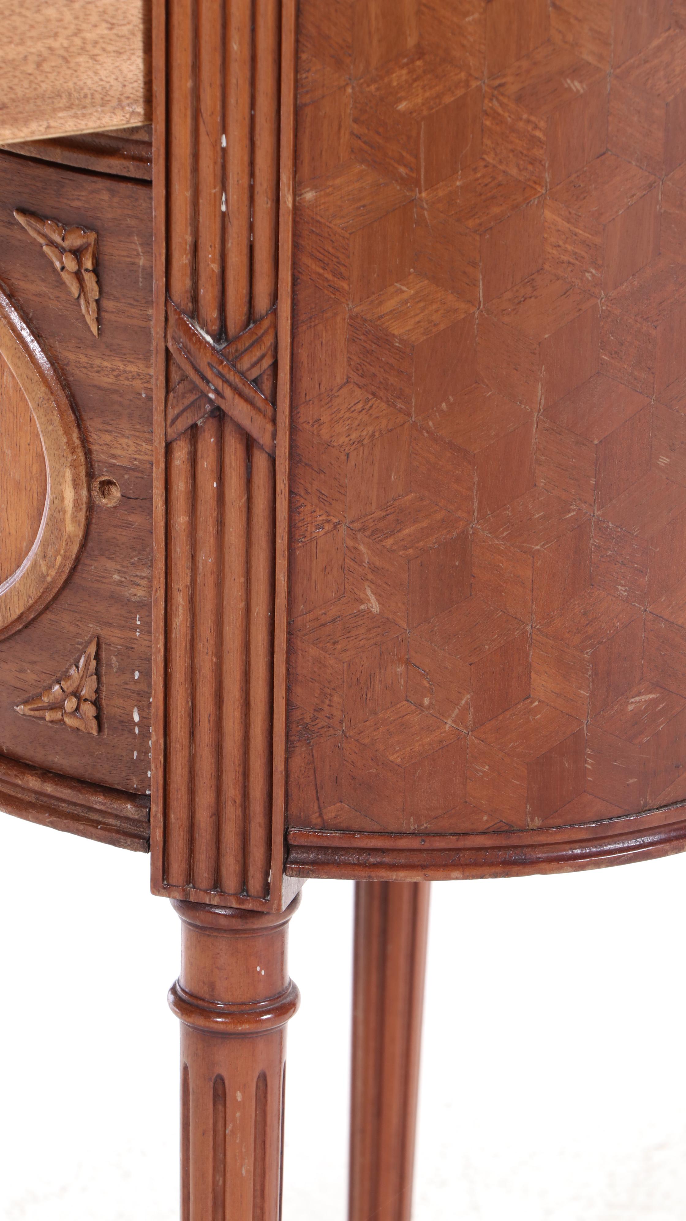 Pair of Louis XVI Style Kingwood, Marquetry, and Marble Top Bedside Tables