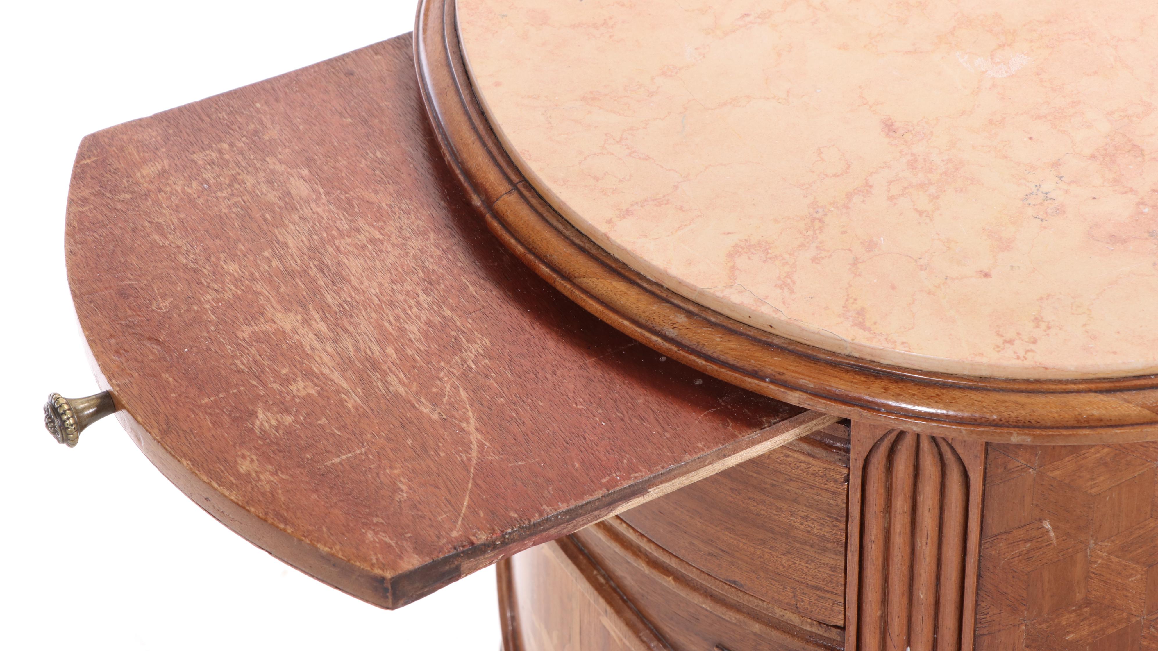 Pair of Louis XVI Style Kingwood, Marquetry, and Marble Top Bedside Tables