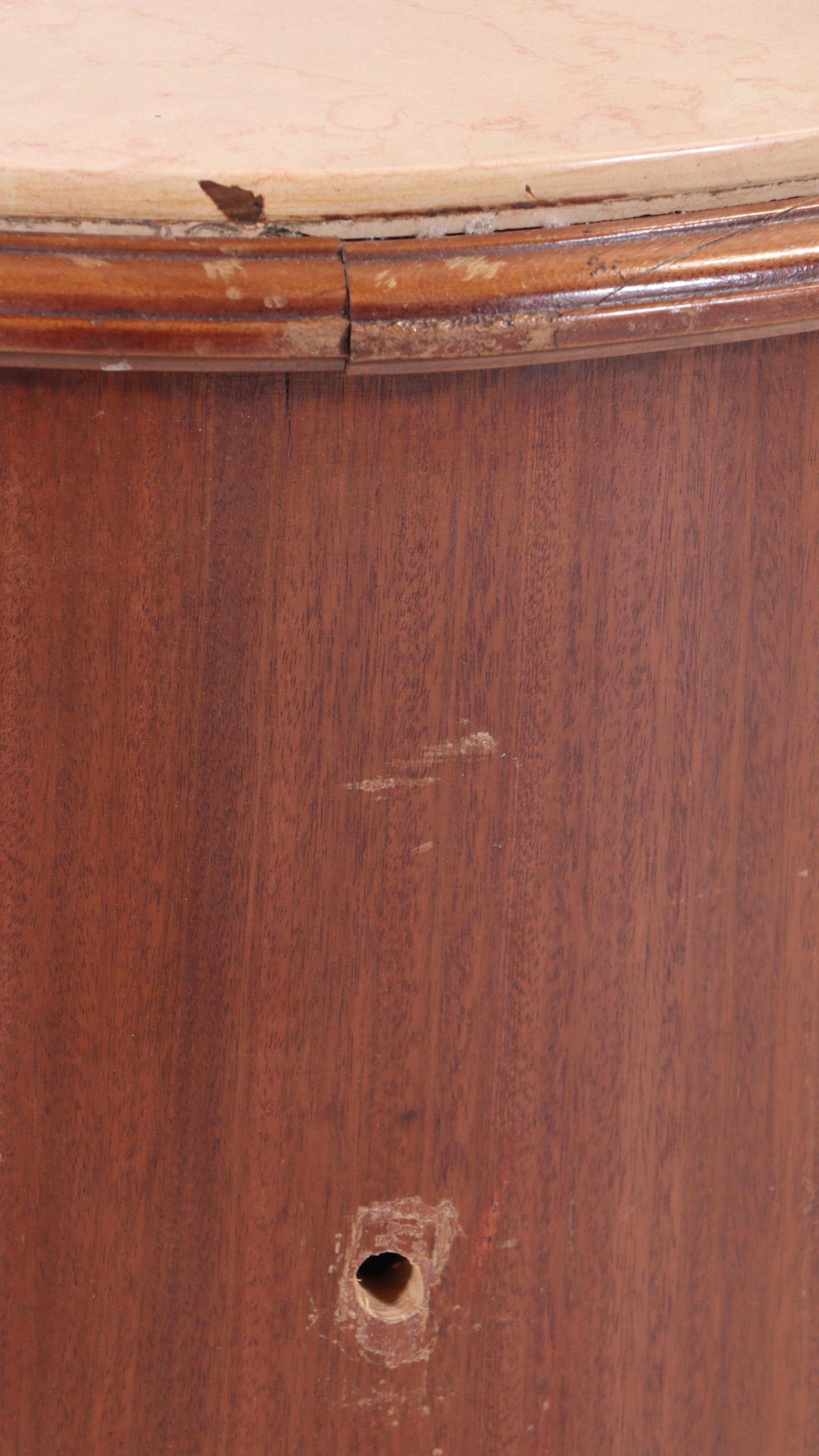 Pair of Louis XVI Style Kingwood, Marquetry, and Marble Top Bedside Tables