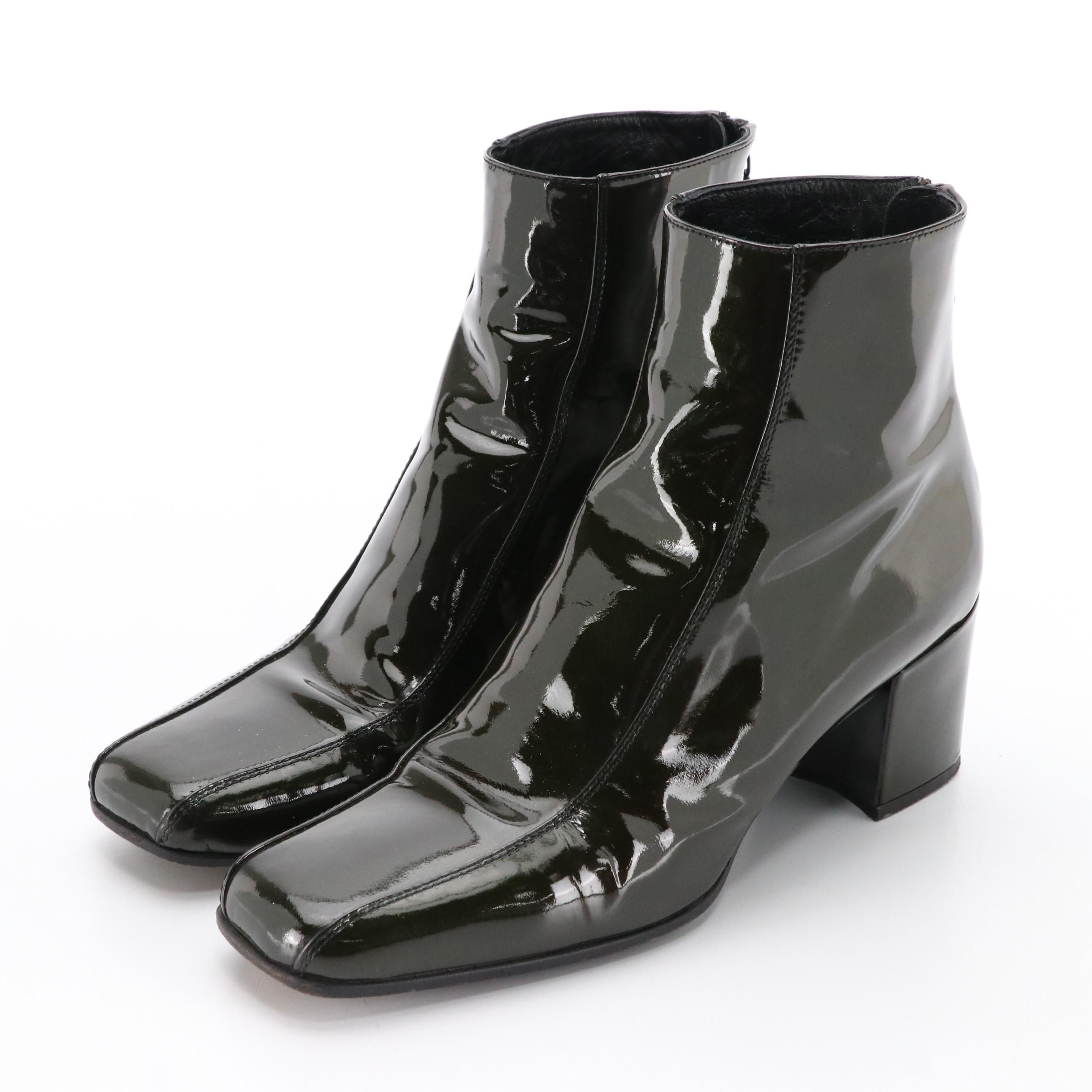 Prada Shimmery Olive Green Patent Leather Block-Heel Ankle Boots in Box